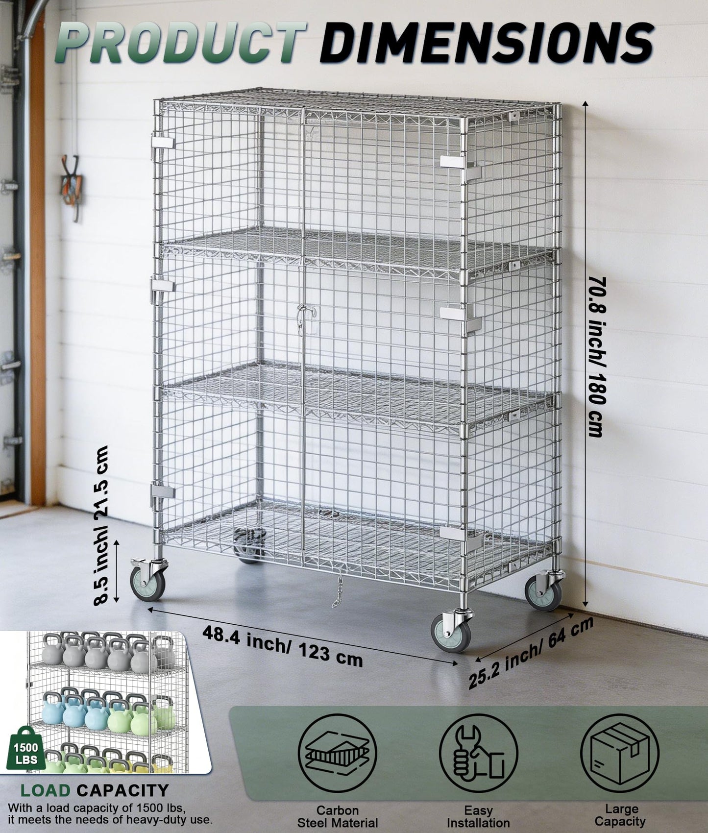 RALOZZD 3 Tier Commercial Grade NSF Solid Steel Wire Mesh Rack Storage Unit, Mobile Security Cage Kit with Lock, 24'' x 48'' x 71'', Organizer for Garage, Warehouse, Restaurant (48''L x 24''W x 71''H)