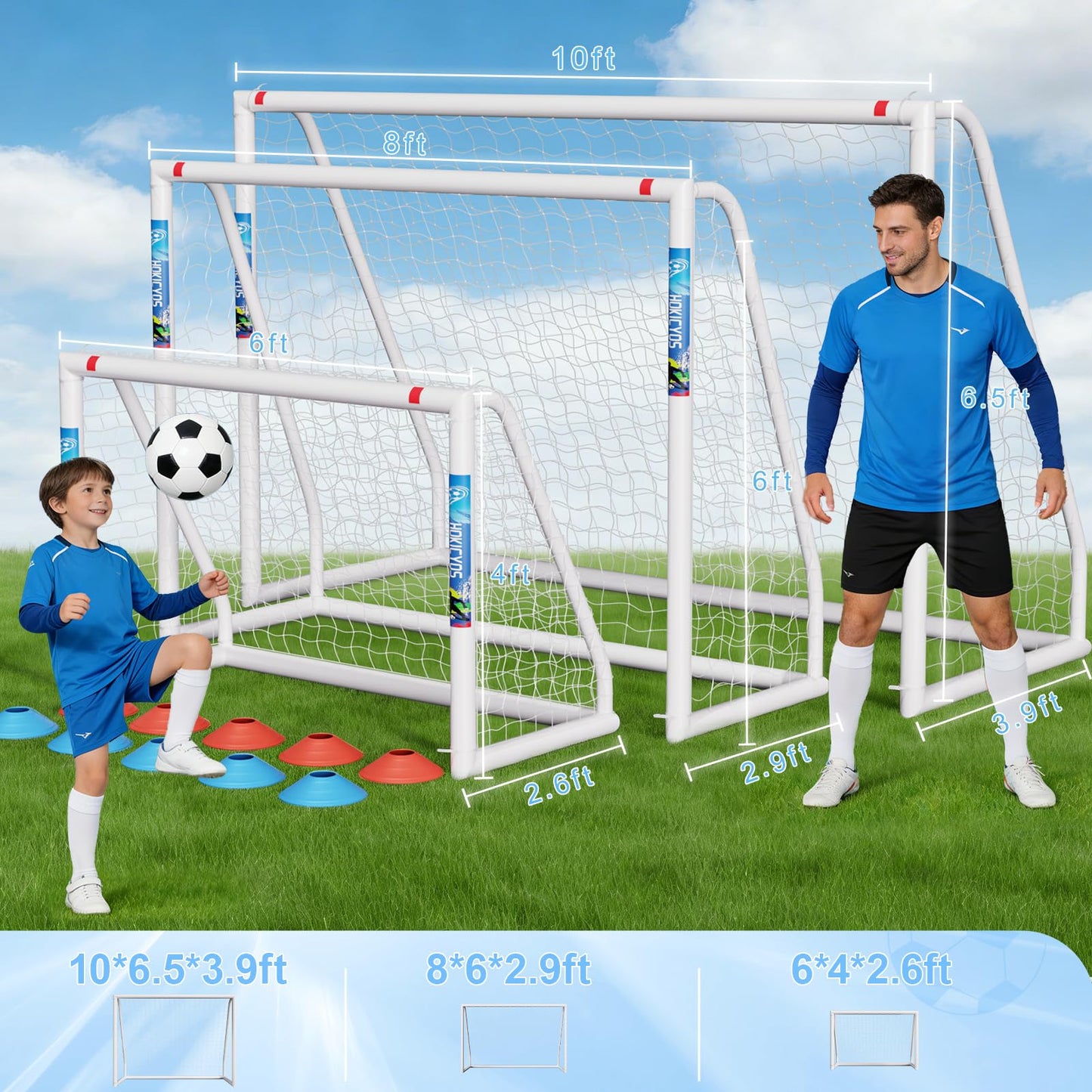 Hokicyos Soccer Goal for Backyard 8×6, 6×4 and 10×6.5 Soccer Goals with Soccer Target Net and Mark Cones, Weatherproof Soccer Goals with One Carry Bag and Net for Adults' Practice or Games