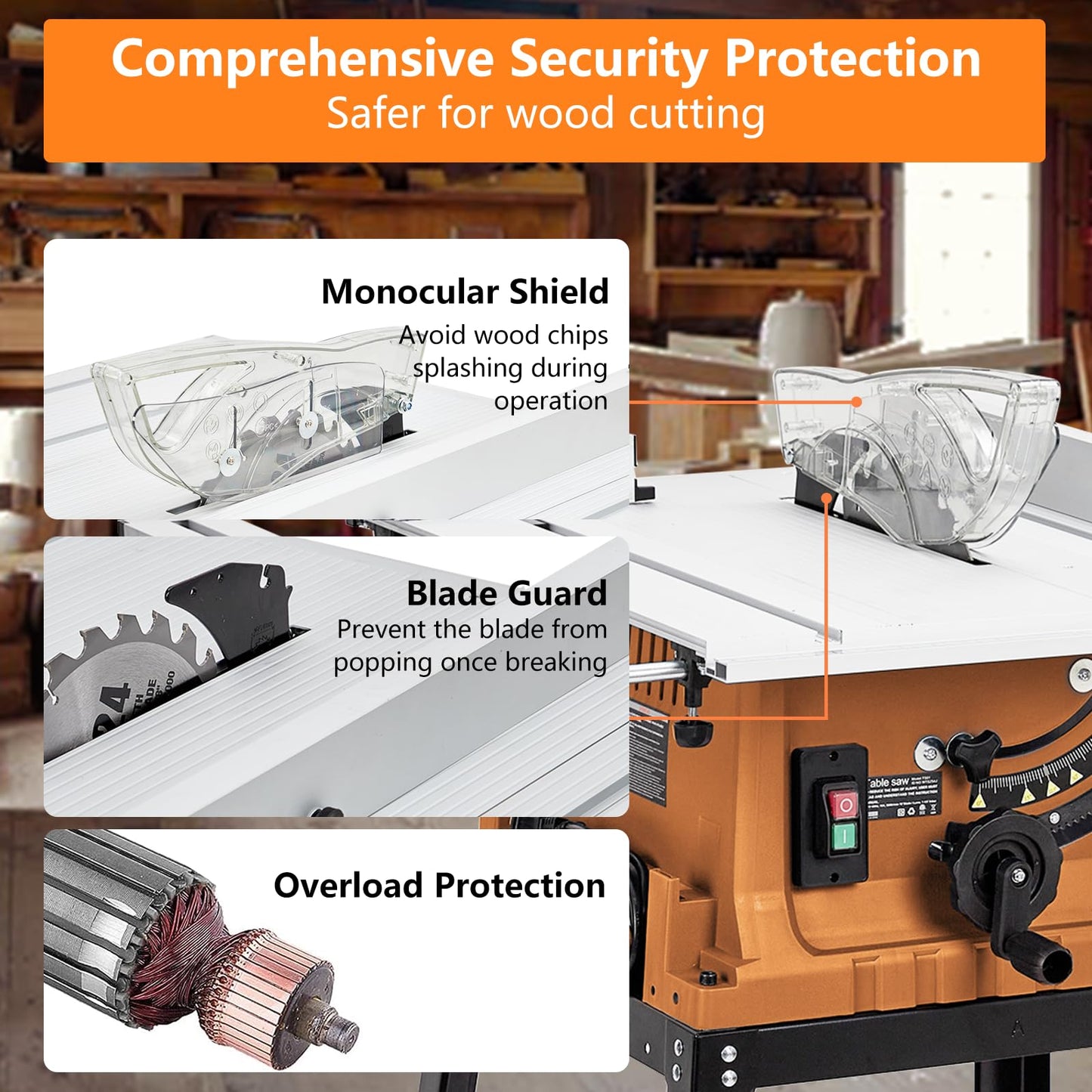 Table Saw, 10 in 15A Multifunctional Saw with Stand & Push Stick for Jobside, 90° Cross Cut & 0-45° Bevel Cut, Cutting Speed Up to 5000RPM, Adjustable Blade Height, Ideal for Woodworking, Orange
