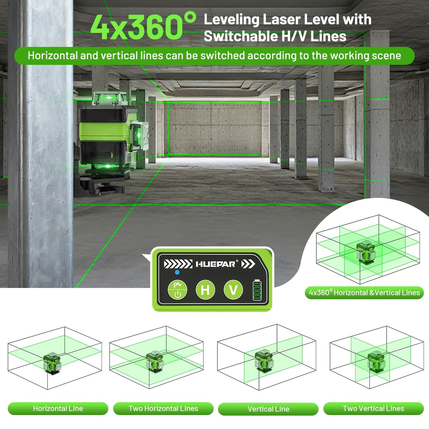 HUEPAR Laser Level 360 Self Leveling with LCD Screen, 4 x 360° High Brightness Rechargeable 4D Lazer Leveler Tool for Construction and Picture Hanging, Strong Magnetic Bracket&Hard Carry Case -Y04CG