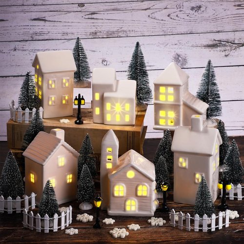 Fovths LED Lighted Ceramic Winter Village Figurines - 39-Piece Holiday Desktop Ornament Set
