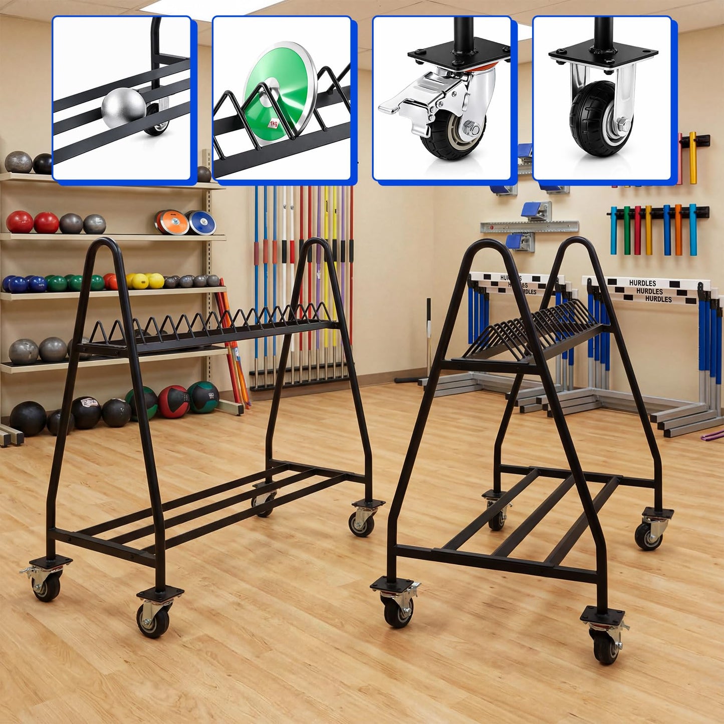 Silipull Mobile Shot Put Discus Storage Rack Cart Heavy Duty Athletic Throwing Equipment Trolley with 4 Wheels, Holds 15 Discus & 20 Shot Put for Gym, School PE and Track & Field Gear Organizer