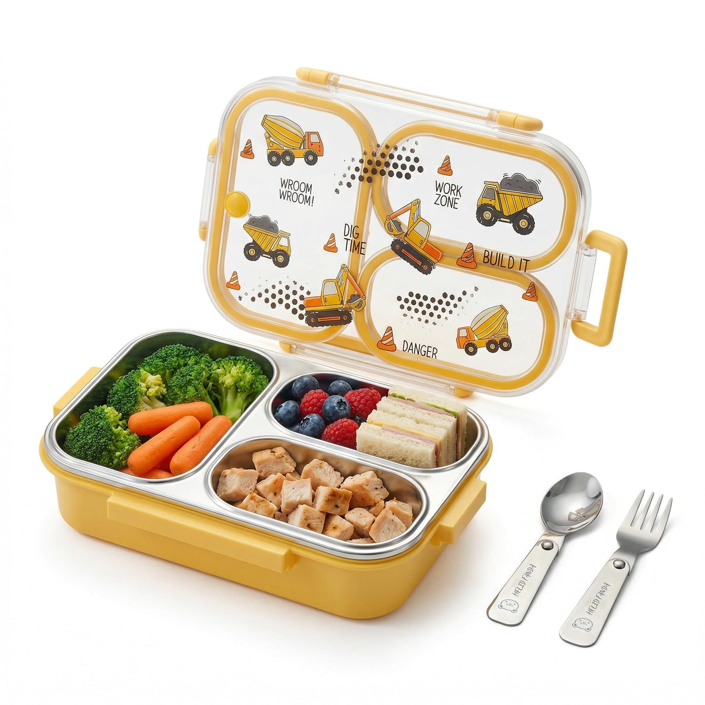 WORTHBUY Microwavable 304 Stainless Steel Bento Box With Utensils, Metal Lunch Container With 3 Compartments, Leak Proof Lunch Box, Portable Concealed Handle, BPA Free, Dishwasher Safe [Car]