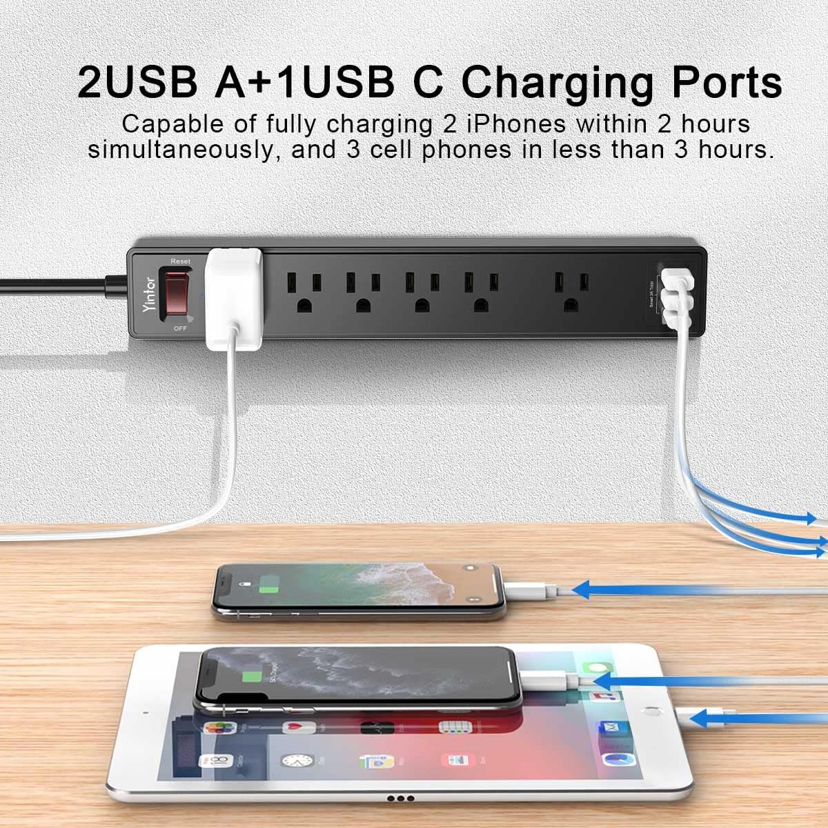 Yintar 6Ft 6 3 1680 Power Strip Surge Protector - Extension Cord with AC Outlets and USB Ports for for Home, Office