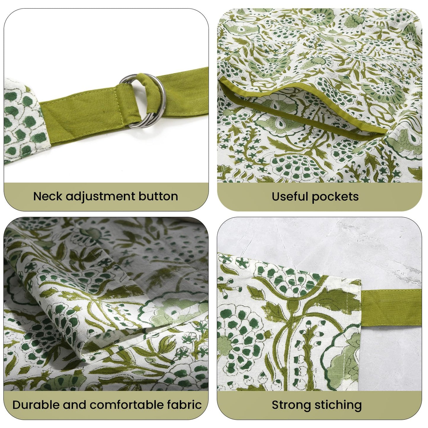 CPC Agate Green 100% Cotton Block Print Kitchen Apron with an Adjustable Neck with Long Ties for Women Men Chef-Handmade Cooking Apron Gift For Spring, Mother's Day