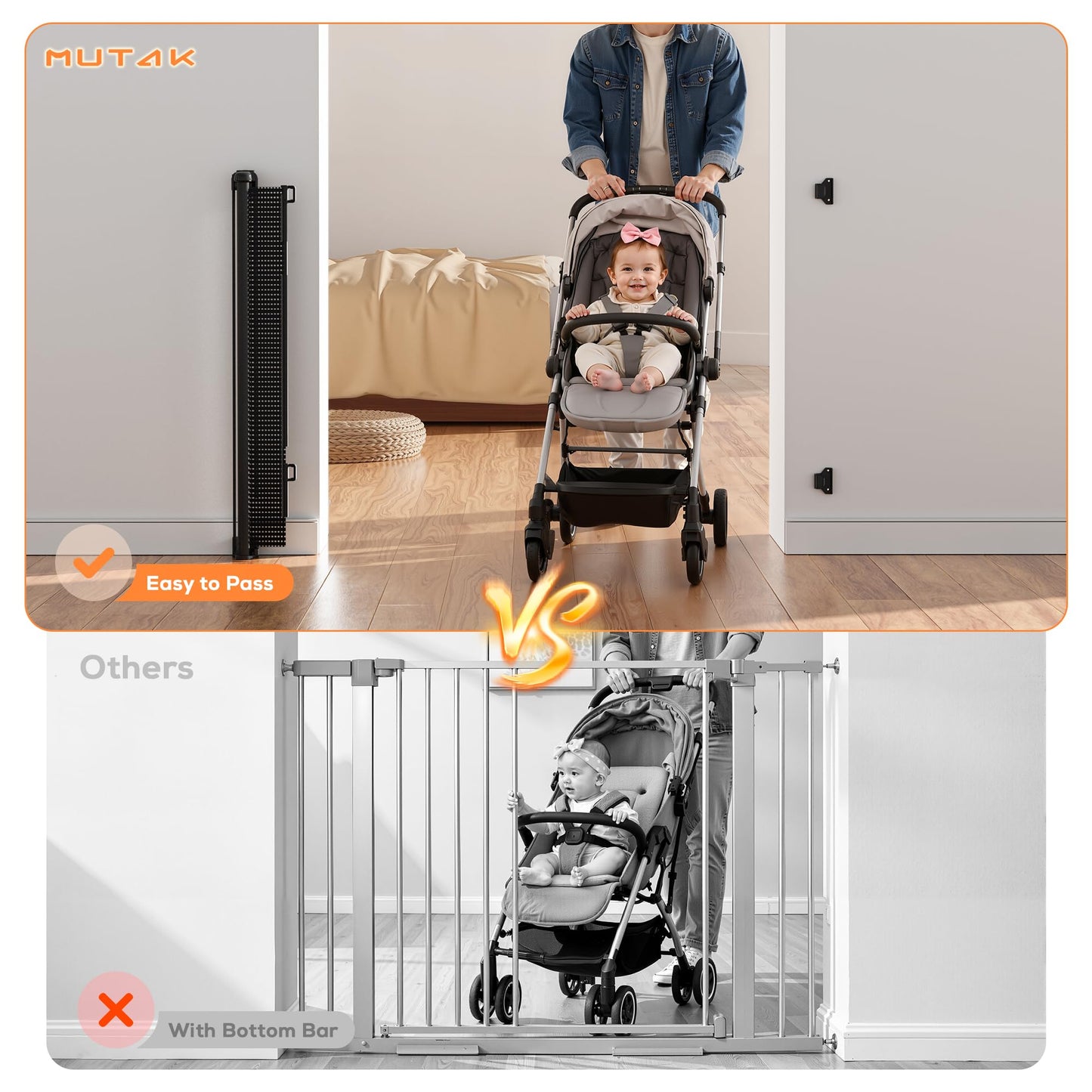 Mutak Retractable Baby Gate for Stairs, 42" Tall X 200" Wide Mesh Dog Gate Indoor, Child Gate for Doorways, Hallways, Deck, Indoor Outdoor Pet Baby Safety Essentials for Home, Black