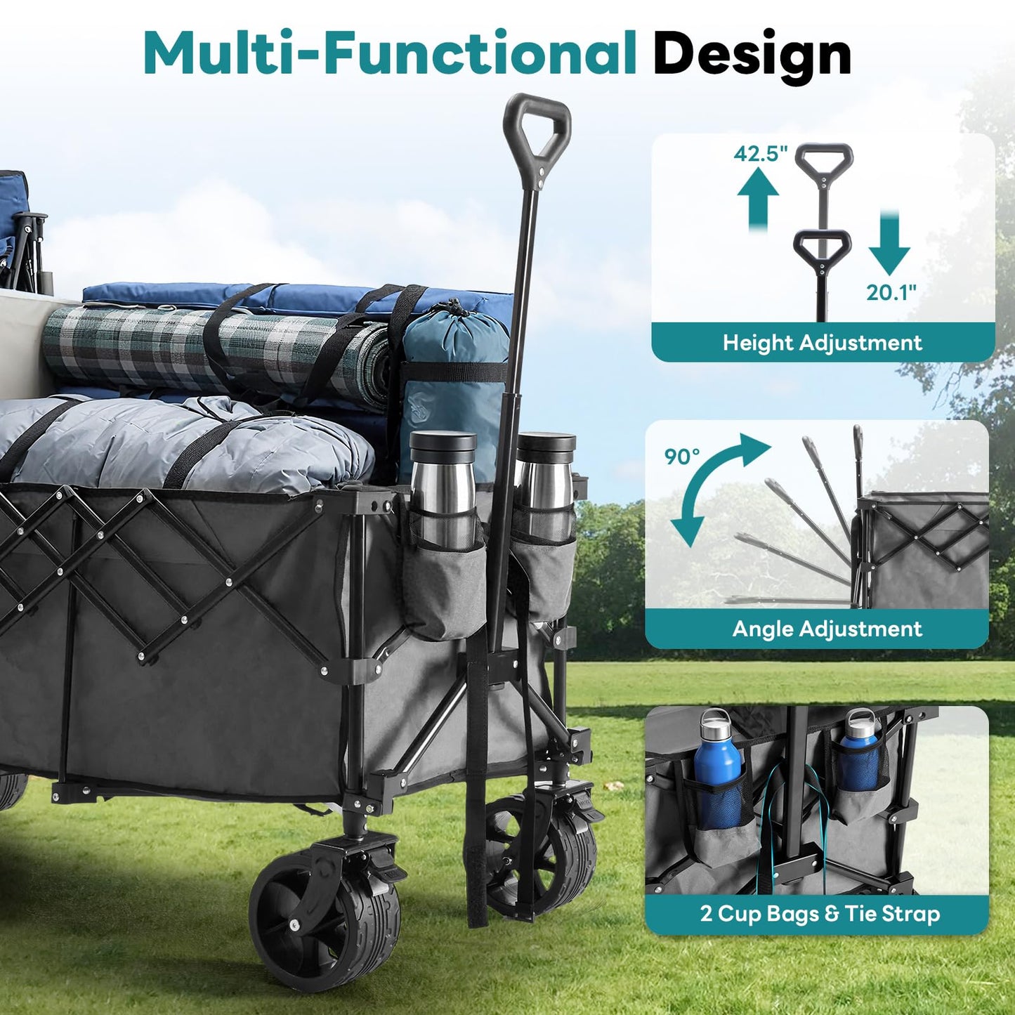 OLIXIS 49" Extra Long Folding Wagon Cart, 440LBS Heavy Duty Collapsible Wagon with Big All-Terrain Wheels, 250L Portable Outdoor Utility Cart for Shopping, Garden, Camping, Grocery, Sports - Grey