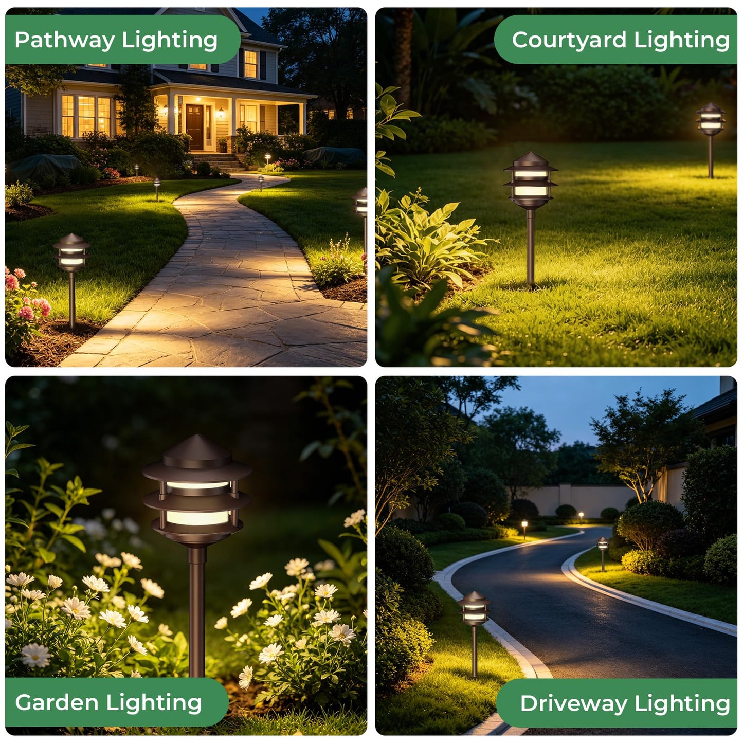 Gardencoin Pagoda Low Voltage Landscape Pathway Lights, 12V Outdoor LED Path Lights Wired, Aluminum Walkway Lighting with 4W 2700K Replaceable G4 Bulb, Bronze Classic 3-Tier Lantern, 12 Pack