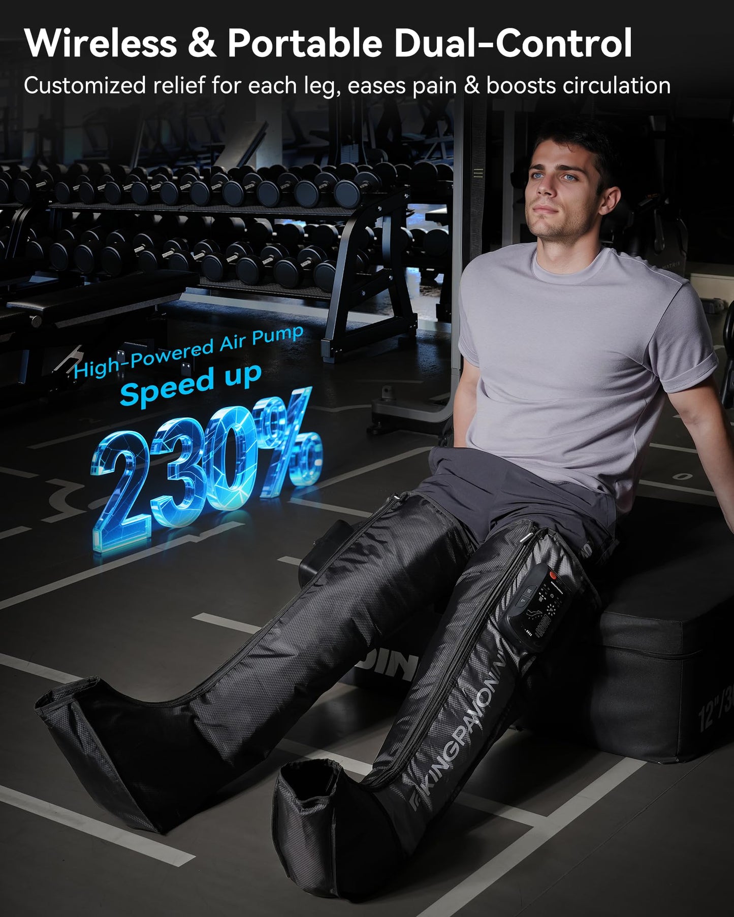 KingPavonini Cordless Leg Compression Massager with 5 Overlapping Chambers & 3 Foot Heat, 4500mAh Leg Massager for Circulation and Pain Relief, 19 Modes & 8 Intensities, Recovery Boots for Athletes