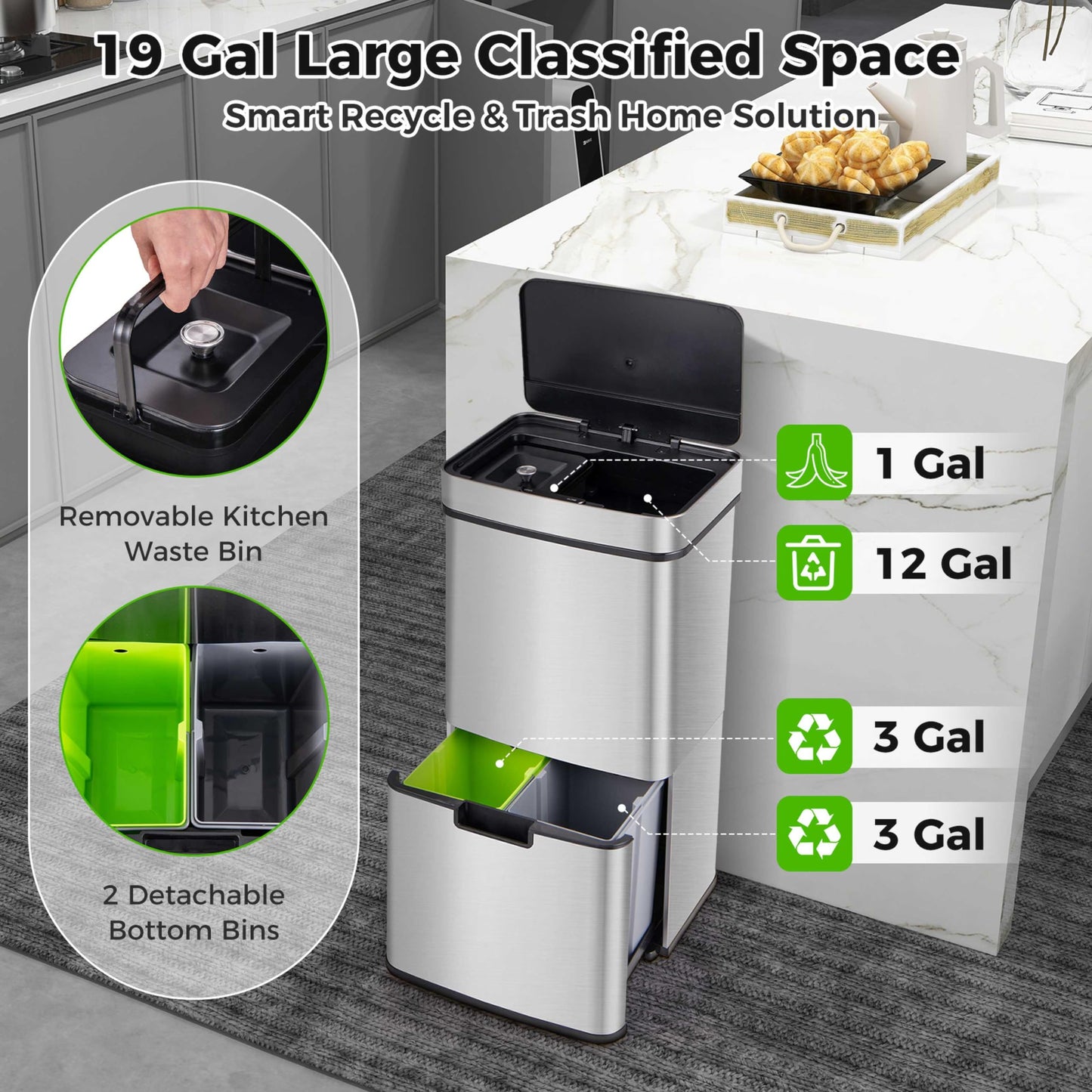 DORTALA 19 Gal Kitchen Trash Can, Infrared Motion Sensor Garbage Can with 2 Recycling Dustbin, Removable Inner Buckets, Stainless Steel Frame, Trash Bin with Soft-Closing Lid, Battery Operated