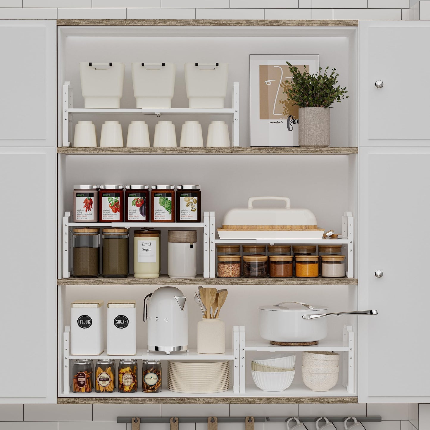 Jojocross Expandable Shelf for Cabinet Organizer Adjustable Stackable Spice Rack at Kitchen and Bathroom More, Counter Countertop Cupboard Organization Pantry Storage(LARGE/1PACK/WHITE)