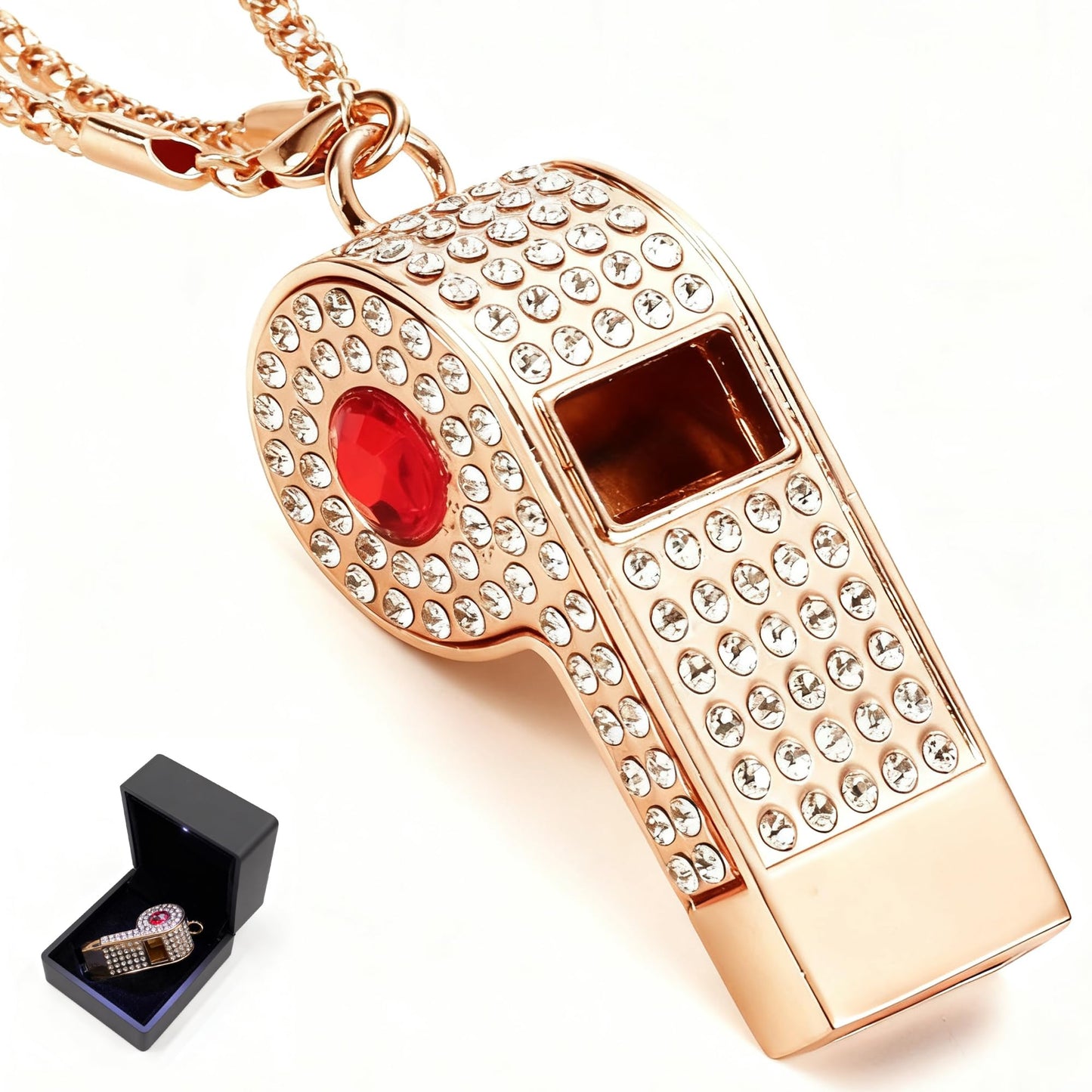 PCTC Shining Whistle,Crystal-Encrusted Metal Whistle with Decorative Chain Great for Referees, Coaches Party and Gift Accessory[Gold Exterior] (Red)
