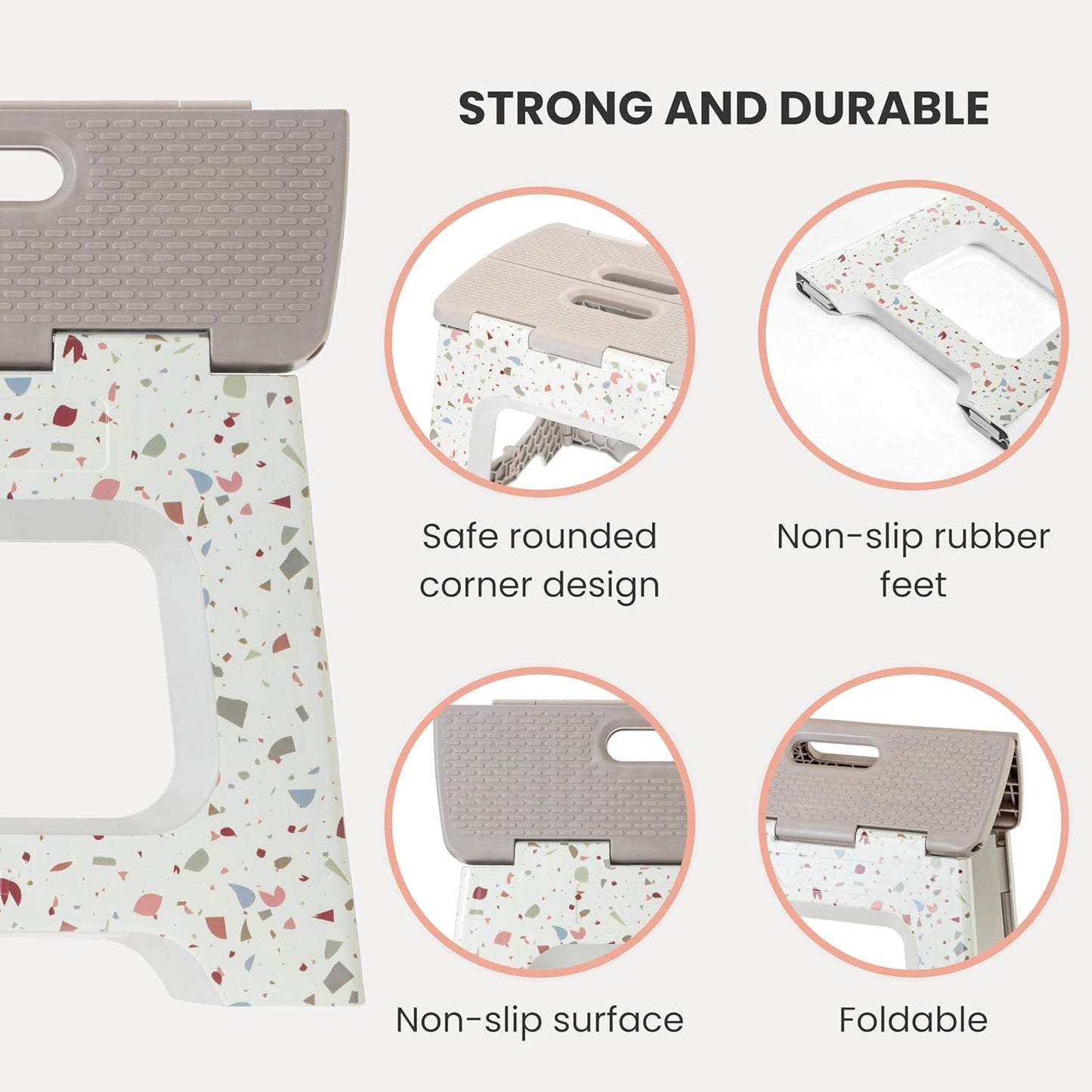 Vigar Foldable Step Stool - Lightweight Non-Slip Design for Adults | 12.5-Inch Grey Terrazzo Pattern, Supports 330 lbs