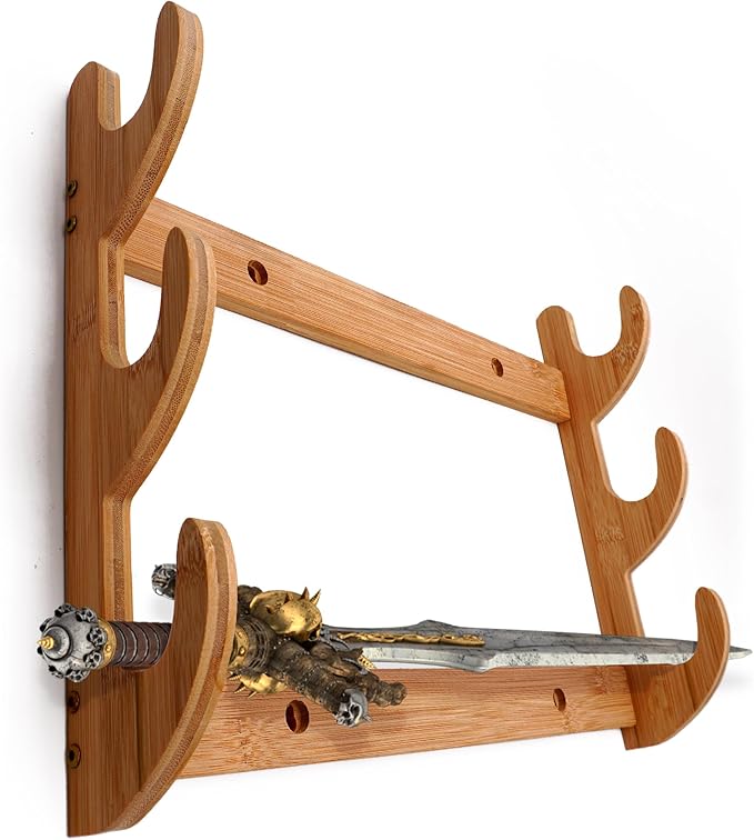 Wall Sword Holder 3 Tier - Bamboo Katana Wall Mount - Sword Mount for Secure Blade Display - Protects Swords, Easy Installation, Space-Saving Design for Home Decor