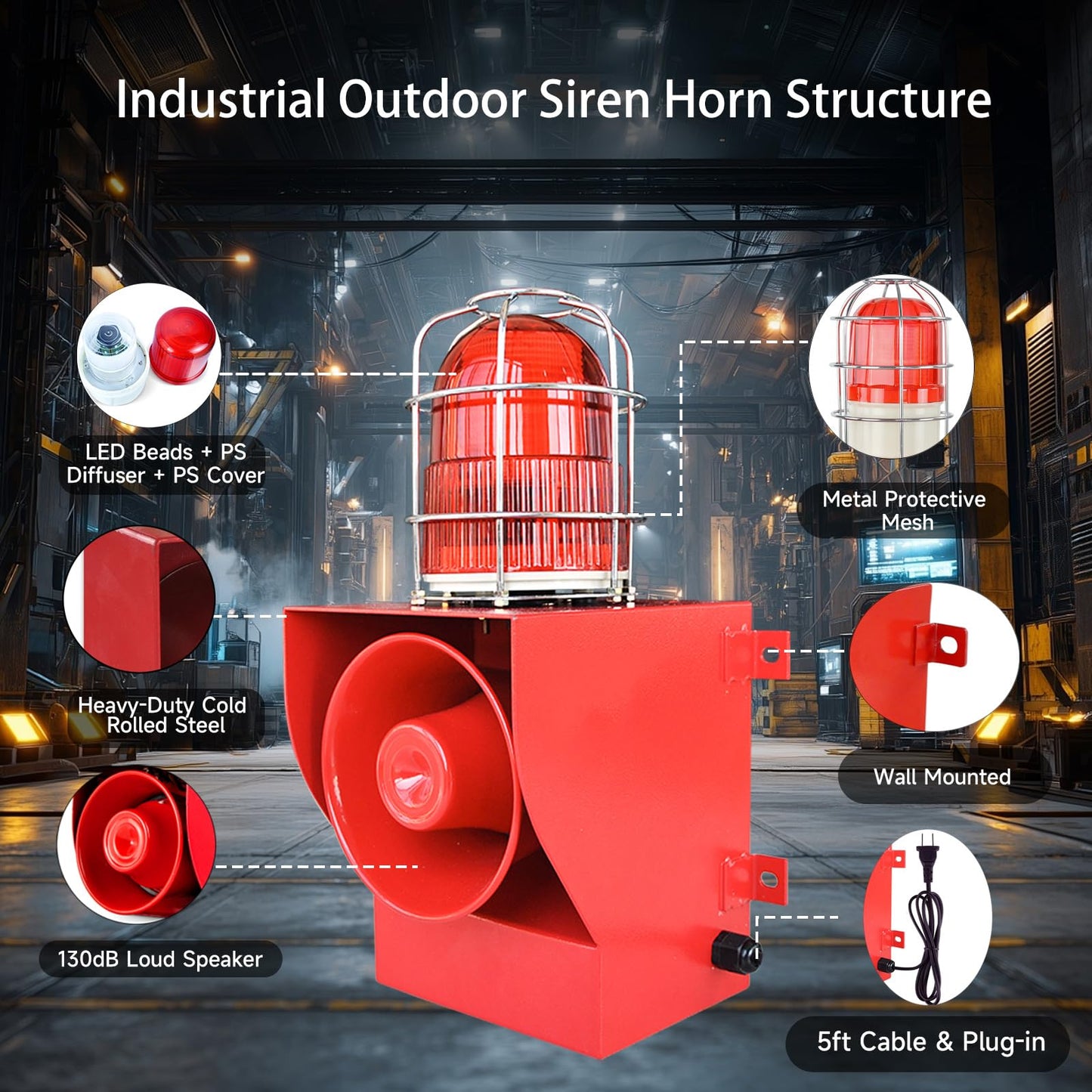 Y DIANS S Alarm Siren IP66 Waterproof Outdoor 130dB Horn 45W Security Sirens for Ports, Docks, Factories, Schools, Homes AC 110V-120V SLA-05G