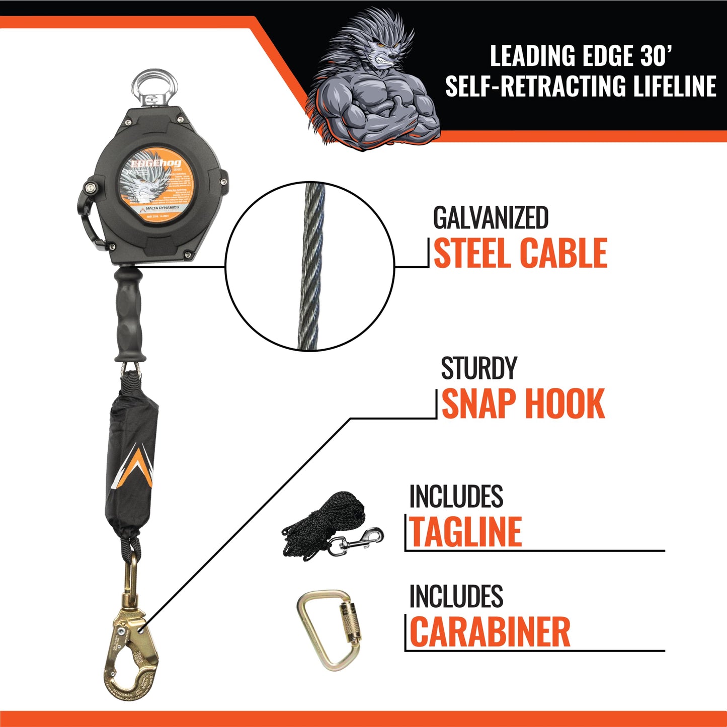 Malta Dynamics Edgehog Self Retracting Lifeline – 30’ Leading Edge Fall Protection Yoyo Cable, Class 2 Retractable Lanyard with Quick-Action Brake, OSHA and ANSI Compliant Safety Lanyard