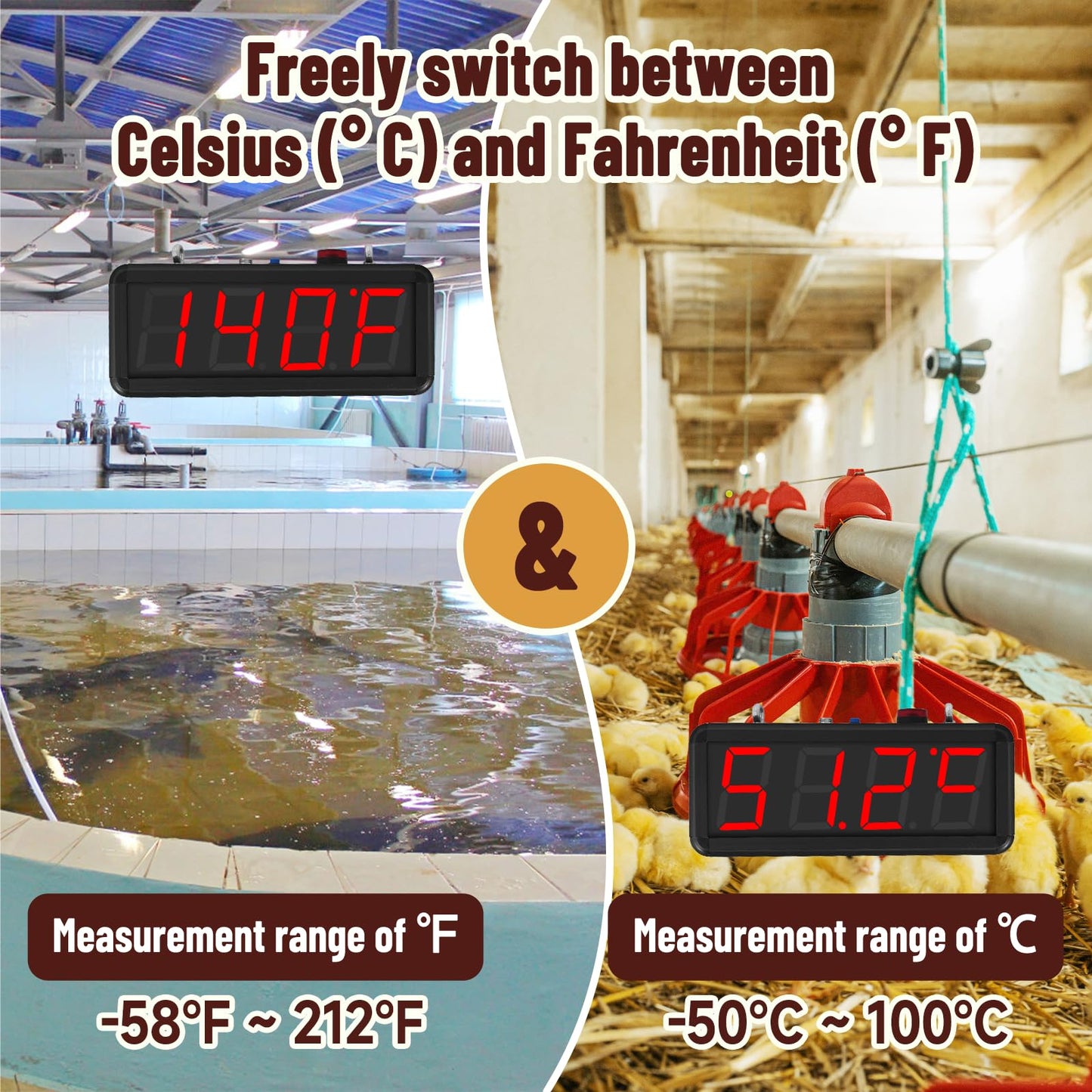 JIAWANSHUN 4" Large LED Industrial Temperature Display, -58℉-212℉ ±0.9℉, ℃/℉ Adjustable Thermometer with Flashing Alert & Independent Switch, for Lab, Aquarium & Freezer