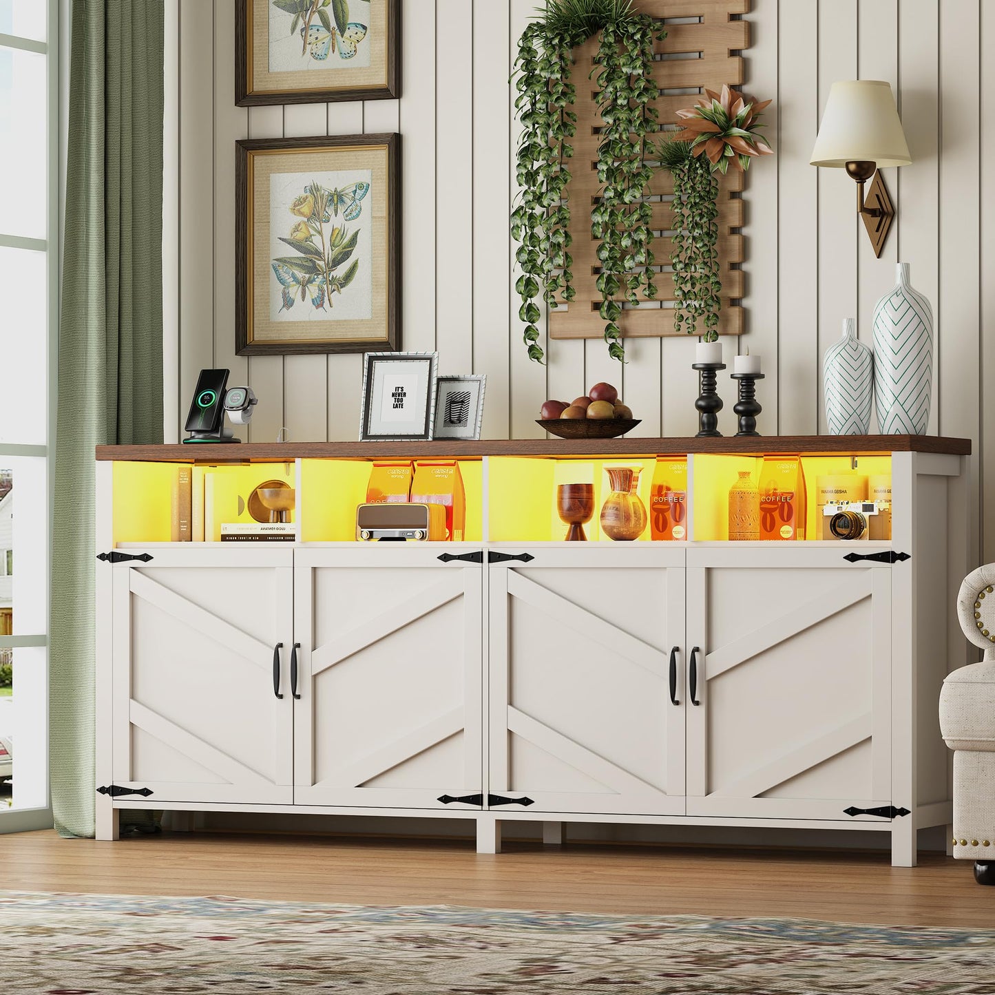 knoworld 63'' Buffet Sideboard with Storage with Power Outlets & LED Light 4 Doors, Large Farmhouse Kitchen Storage Cabinet Wood Coffee Bar Cabinet Buffet Table for Kitchen, Dining Room, Entryway