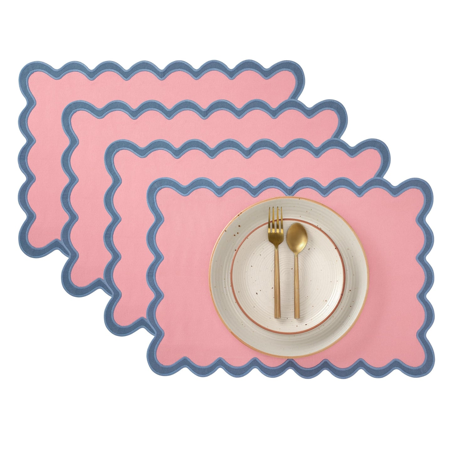 Folkulture Placemats Set of 4 (13 x 19) | 100% Cotton, Cute, Heat Resistant,Machine Washable Scalloped Place Mats | Pink Rectangular Cloth Table Placemats or Dining Table Mats for Dinner Party