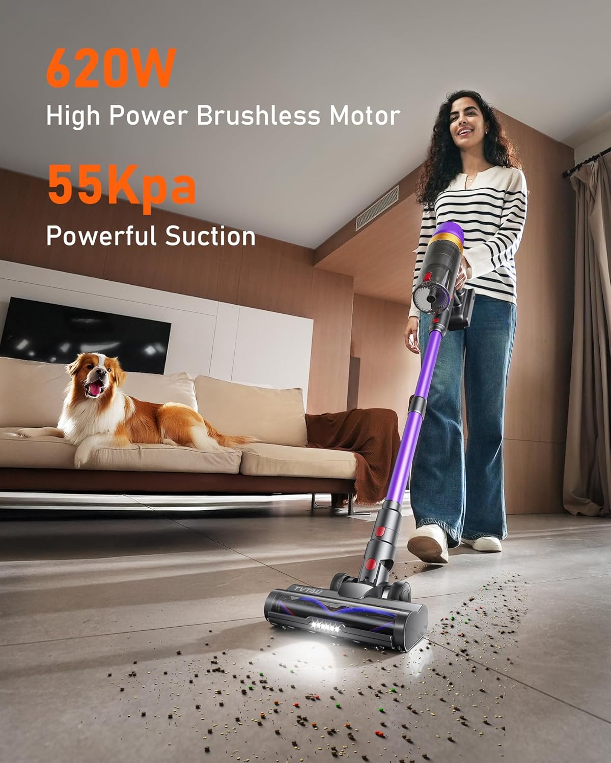 Skiennix Cordless Vacuum Cleaner - 620W Power, 75 Min Runtime, LED Display, 1.8L Dust Cup | Ideal for Pet Hair & Hardwood Floors