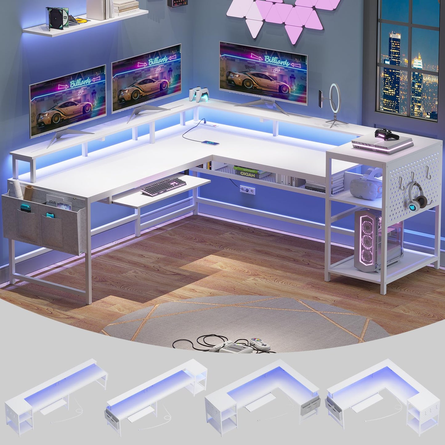 SEDETA L Shaped Gaming Desk, Reversible Computer Desk, Gaming Desk with Power Outlets & LED Strip, Monitor Shelf, Keyboard Tray, Pegboard and Storage Shelves for Home Office, White