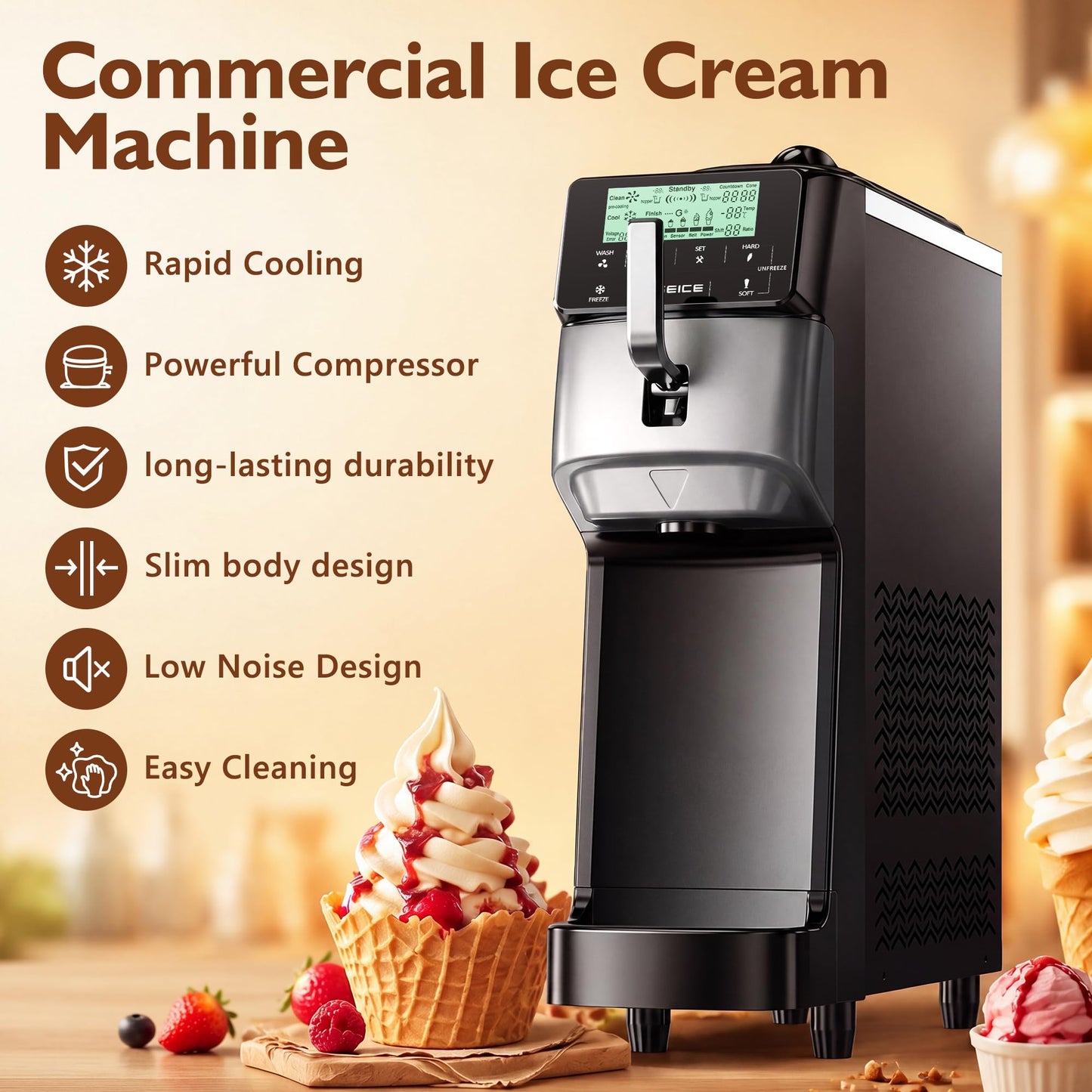 Soft Serve Ice Cream Machine – 3.5 Gal/H Single Flavor Ice Cream Maker with 5" HD Display, Pre-Cooling Function & 1.6 Gal Hopper, Ideal for Cafés, Restaurants, Bakeries and Commercial Use