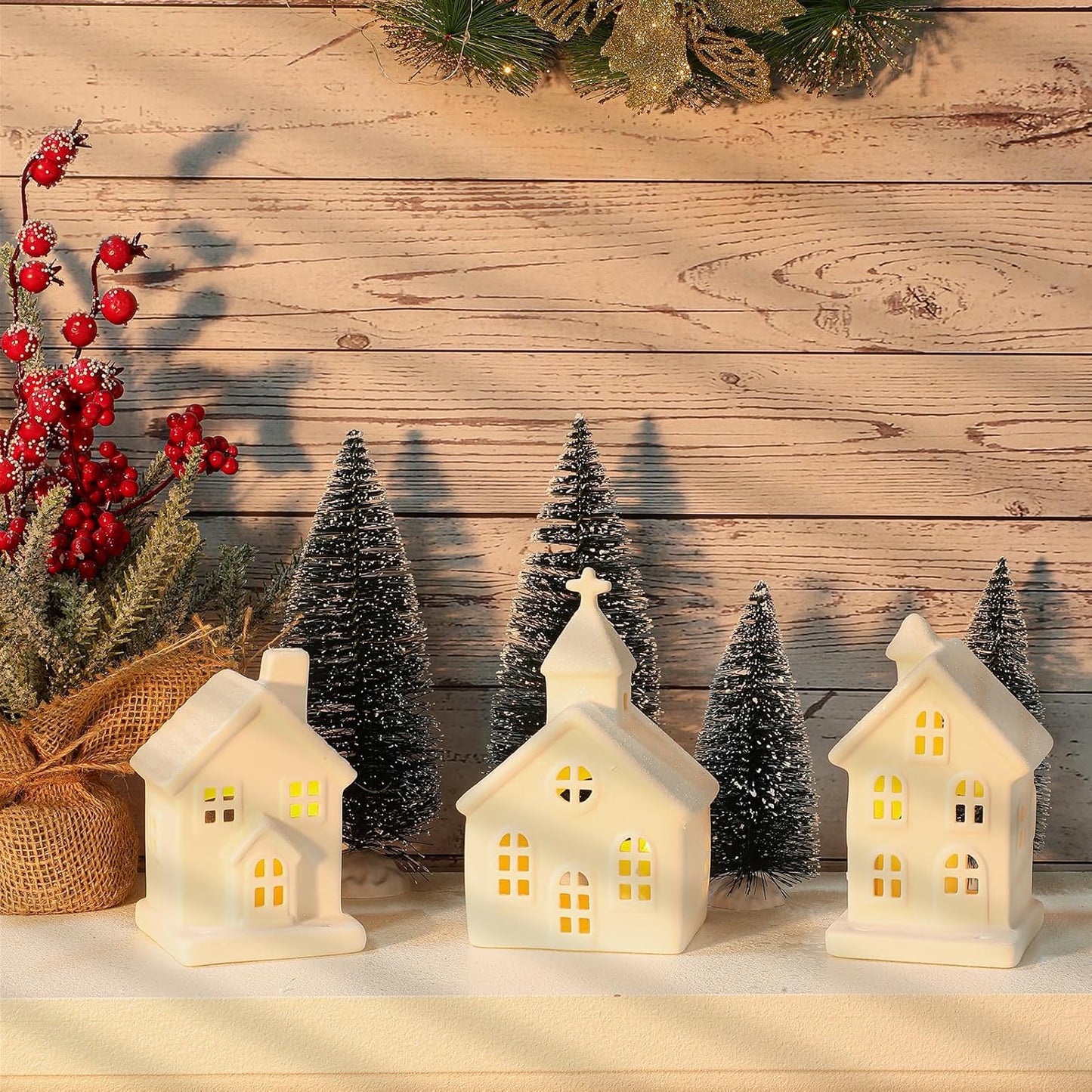 Skiennix 7PCS Christmas Village Set - LED Lighted Ceramic Houses & Decorative Trees | Remote Control Candles