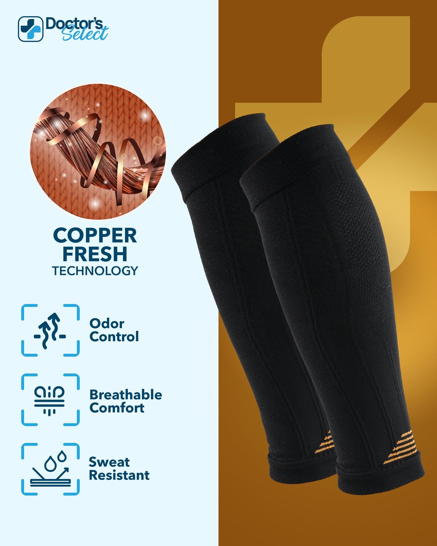 Doctor's Select 2 Pairs Copper Calf Compression Sleeve - Compression Calf Sleeves Men, Compression Sleeves for Men Leg, Shin Splint Compression Sleeve, Black with Copper