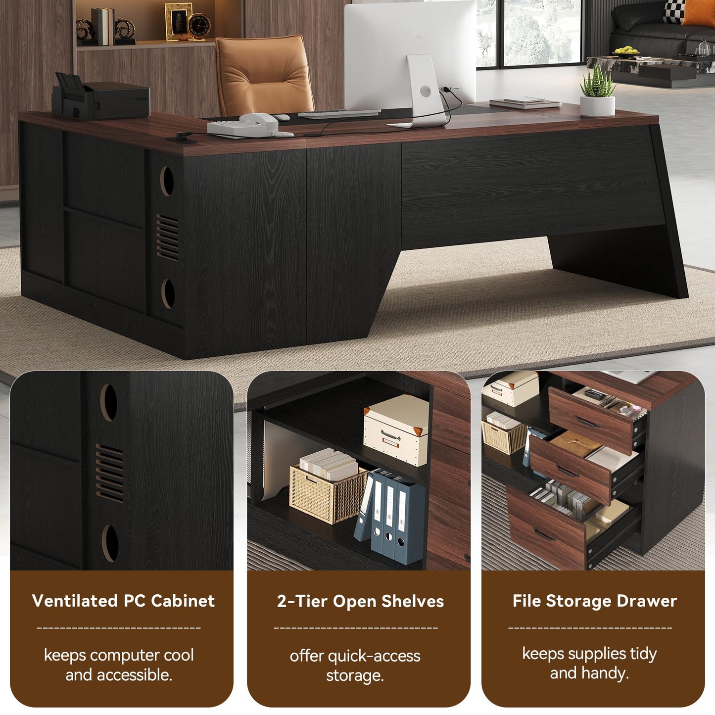 Epecoya L-Shaped Executive Desk with Drawer, 78-Inch Large Home Office Desk with Cord Hold and Power Outlet, Modern Computer Table with Lateral File Cabinet,Open Shelf and PC Stand, Walnut Brown Black