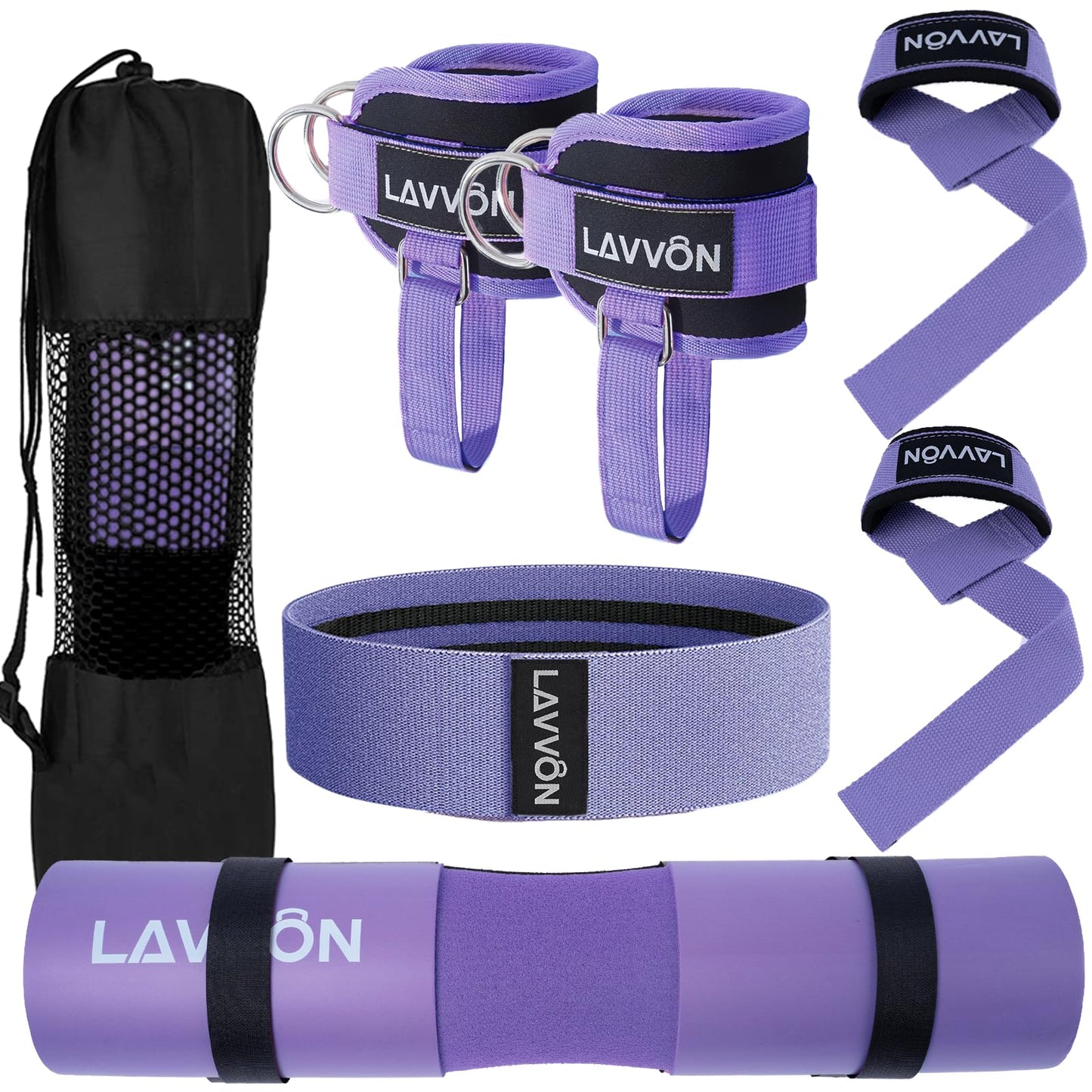 7Pcs-Barbell Pad Set for Hip Thrust - Squat Pad, Bench Press Workout Foam Weight Lifting Bar Cushion,Gym Accessories for Women with Bar Bad,with Gym Ankle Straps,Hip Resistance Bands,Lifting Strap (Purple)