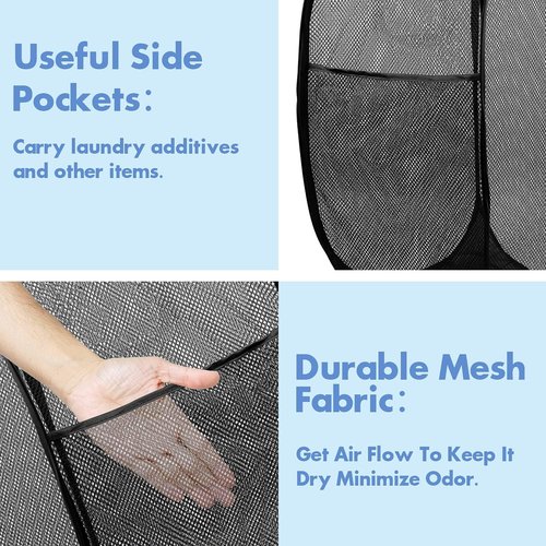 DUCOO 70L Collapsible Laundry Hamper - Foldable Mesh Basket with Side Pocket & Sturdy Handles | Black