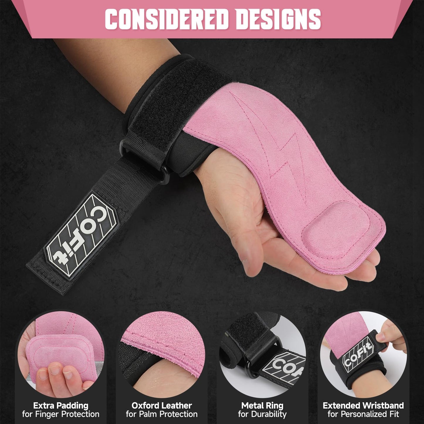 COFIT Wrist Straps for Weightlifting, Workout Wrist Wraps with Dual-Layer Oxford Leather, Enhanced Grip for Optimal Hand and Wrist Protection for Deadlift and Dumbbel - Standard size Pink