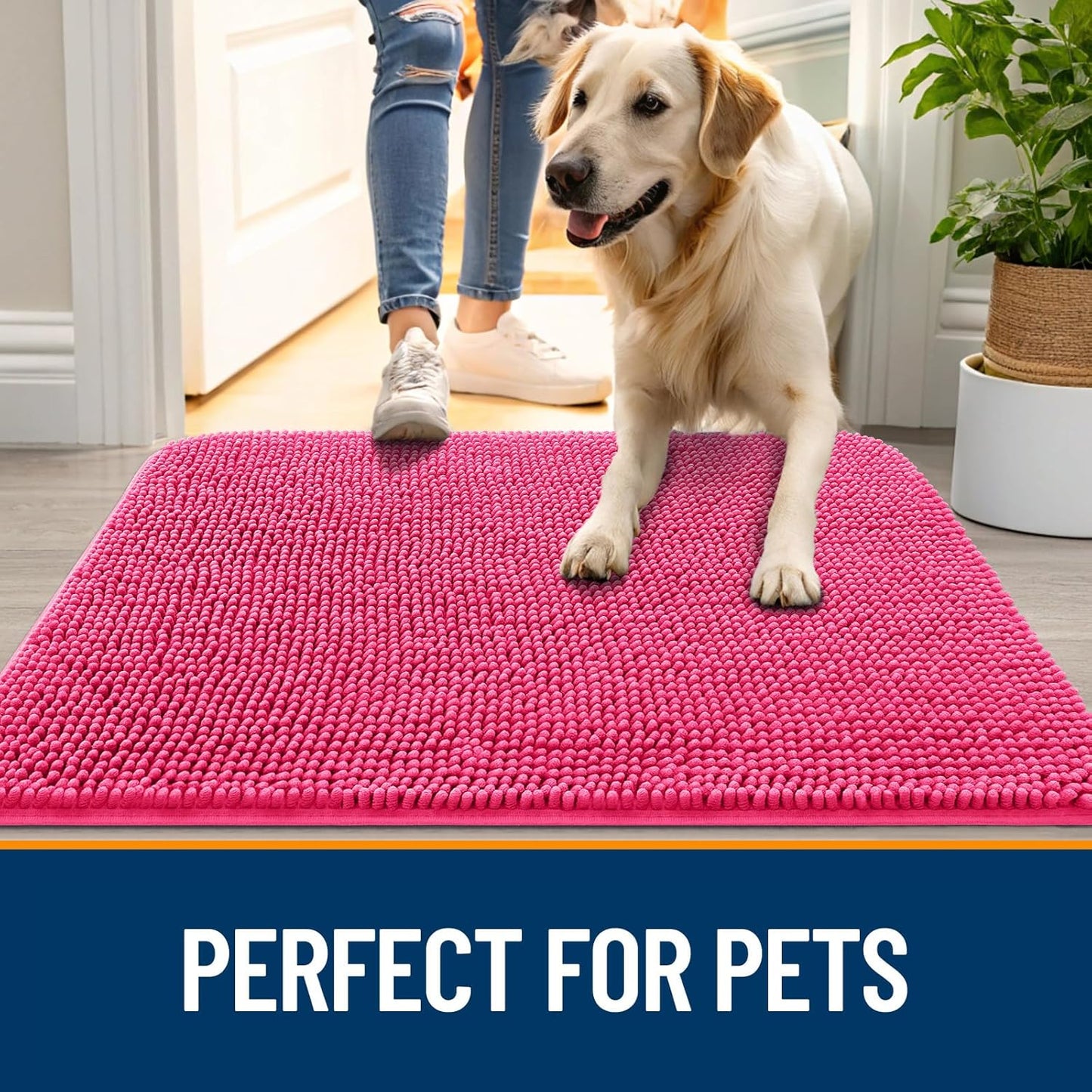 OLANLY Dog Door Mat - Absorbent Non-Slip Chenille Mat for Muddy Paws | 30x20, Hot Pink