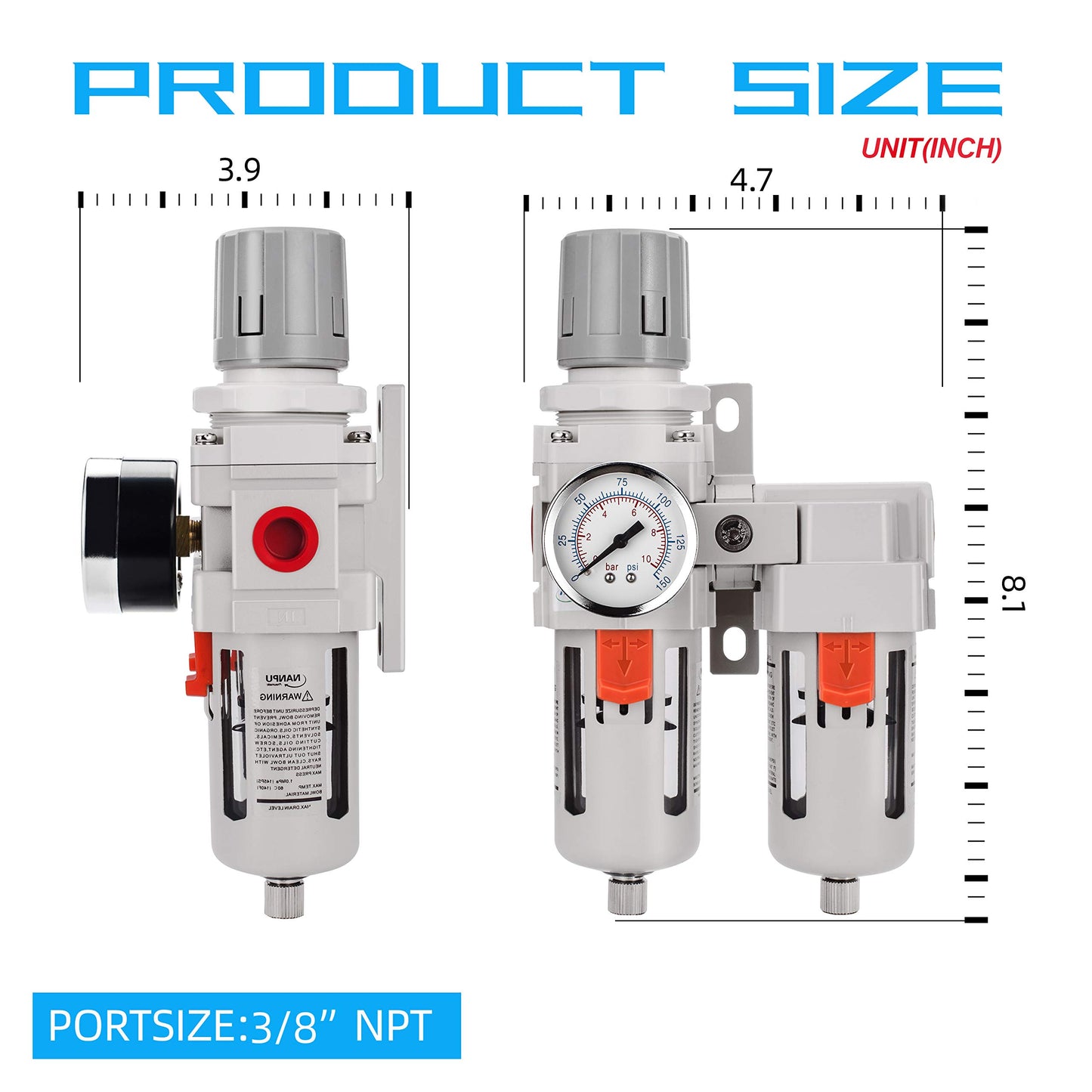 NANPU 3/8" NPT Air Dryer System - 5 Micron Particulate Filter, 0.5 Micron Coalescing Filter & Air Pressure Regulator, Water Trap Separator - Semi-Auto Drain,0-150 psi Gauge, Poly Bowl, Metal Bracket