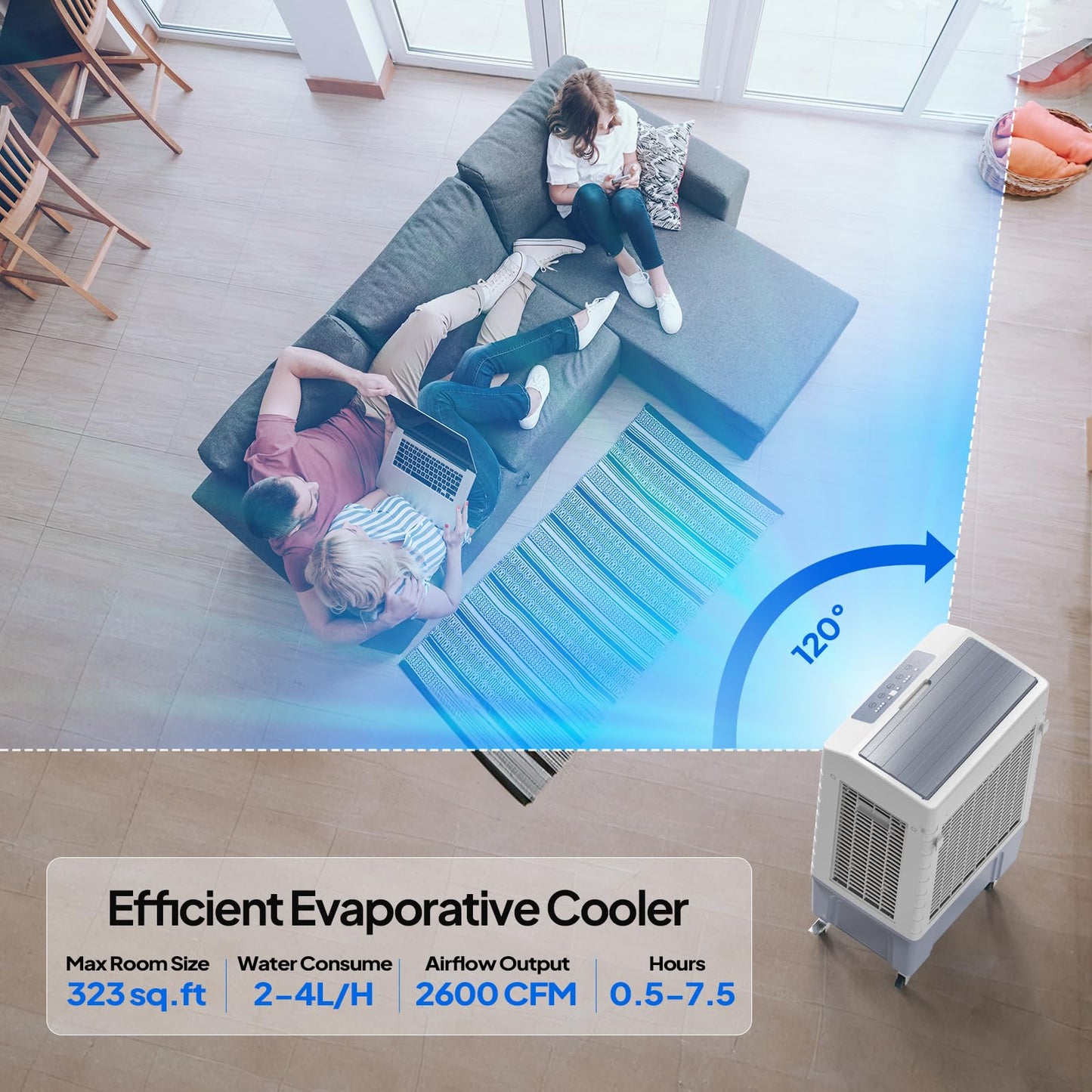 ROVSUN 10.5Gal Portable Swamp Cooler, 2600CFM Evaporative Air Cooler with Auto Oscillating, Remote, 3 Speeds, 7.5H Timer & 4 Ice Packs, 3-IN-1 Humidifying Cooling Fan Indooor Outdoor Patio Garage