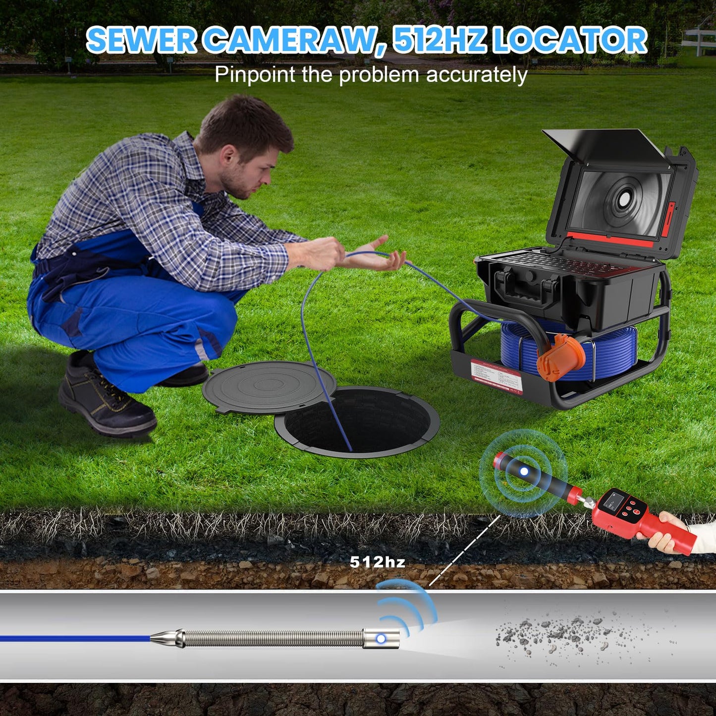 Sewer Camera, 10.1" 1080P Touchscreen Sewer Pipe Inspection Camera with 512Hz Transmitter, Self-Leveling, Distance Counter for Drain Plumbing Pipe, IP68 Waterproof DVR Recorder/Audio-16 GB, 165FT