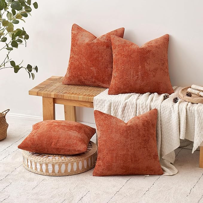 MIULEE Pack of 4 Couch Throw Pillow Covers 20x20 Inch Burnt Orange Soft Decorative Chenille Pillow Covers Farmhouse Accent Cushion Covers for Boho Home Decor Sofa Bedroom Living Room