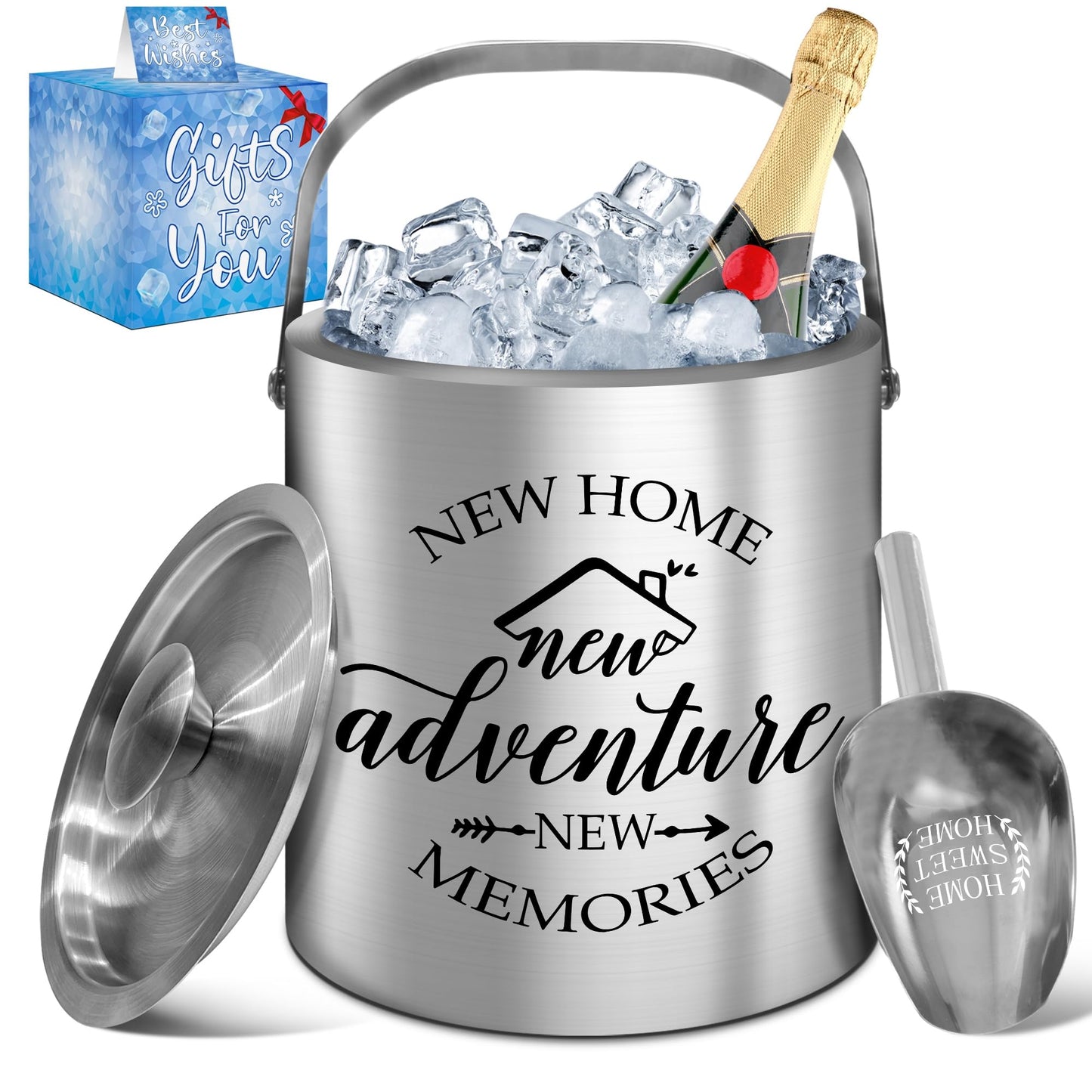 House Warming Gifts New Home, Housewarming Gifts for New House, Best Housewarming Gifts 2025, Stainless Steel Ice Bucket with Lid, Wine Chiller with Handle and Scoop