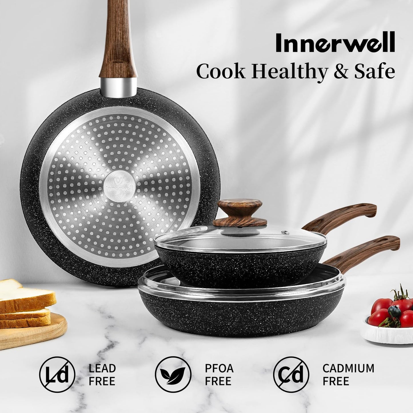 Frying Pan Set - 3 Pcs Nonstick Skillets With Lids, PFOA Free, Induction Compatible, Black