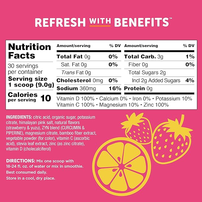 ZYN Electrolyte Hydration Drink Mix (30 Servings), Strawberry Yuzu Electrolytes Powder, Hydrating Formula w/Turmeric Curcumin, Vitamin C & D, Zinc, Electrolyte Support Drink Mix