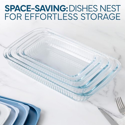 Cook With Color 8-Piece Deep Glass Baking Dish Set - Versatile Casserole & Food Storage Containers | Fluted Blue, Freezer-to-Oven Safe