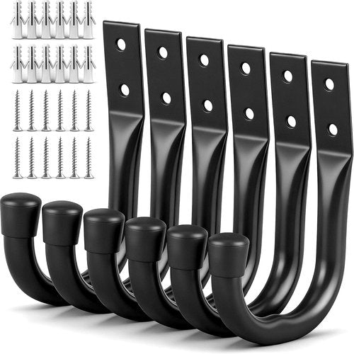 Heavy Duty Garage Storage Hooks - 6-Piece Bike Wall Mount J Hooks for Organizing Tools & Cords