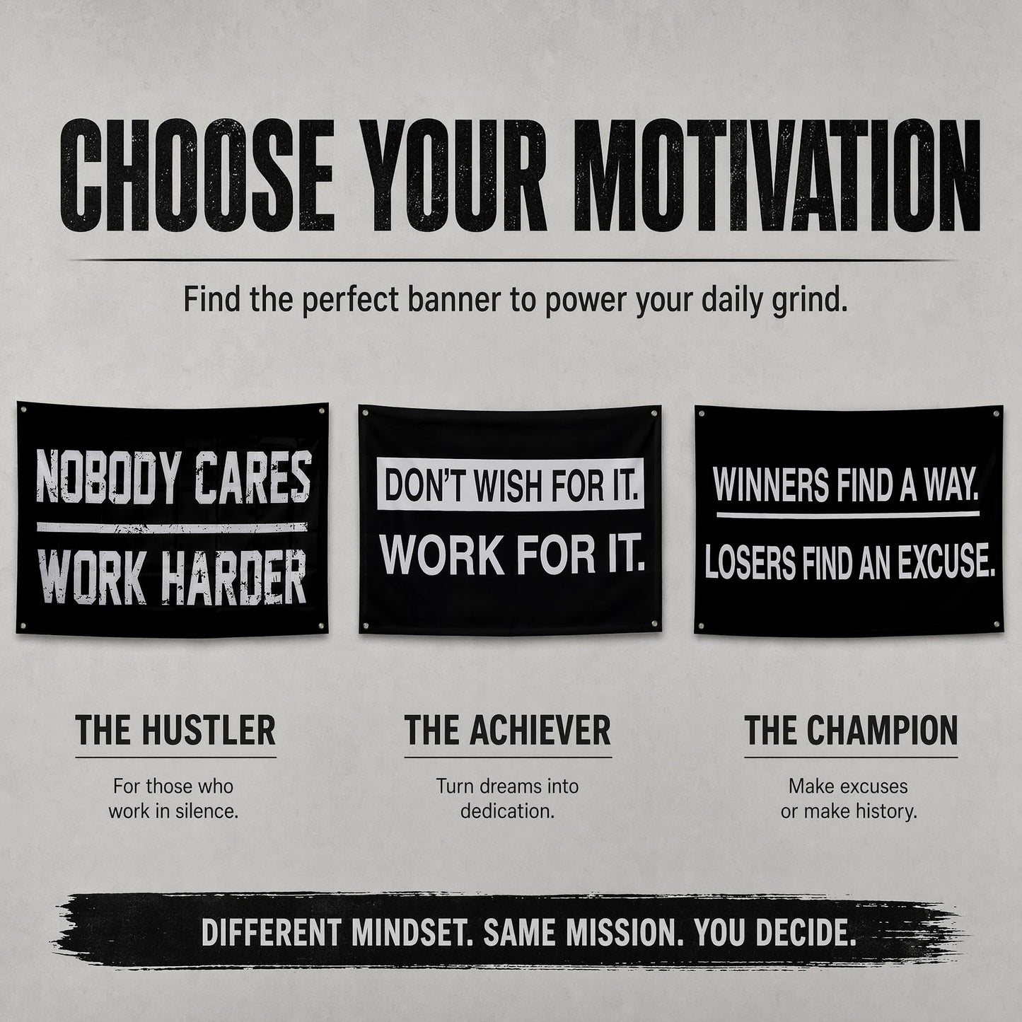 Nobody Cares Work Harder Motivational Banners Kit Three Different Incentive Flags for Gym Office Garage Decor Indoor/Outdoor Poster Style Banner with 4 Grommets - Heavy-Duty 13oz Vinyl(3 x 5 FT)