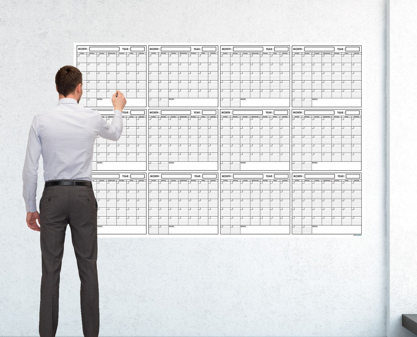 SwiftGlimpse 48" x 72" Large Jumbo Oversized Erasable Laminated Blank Annual Yearly Wall Calendar Poster, 12 Months, Reusable for Office, Academic or Home