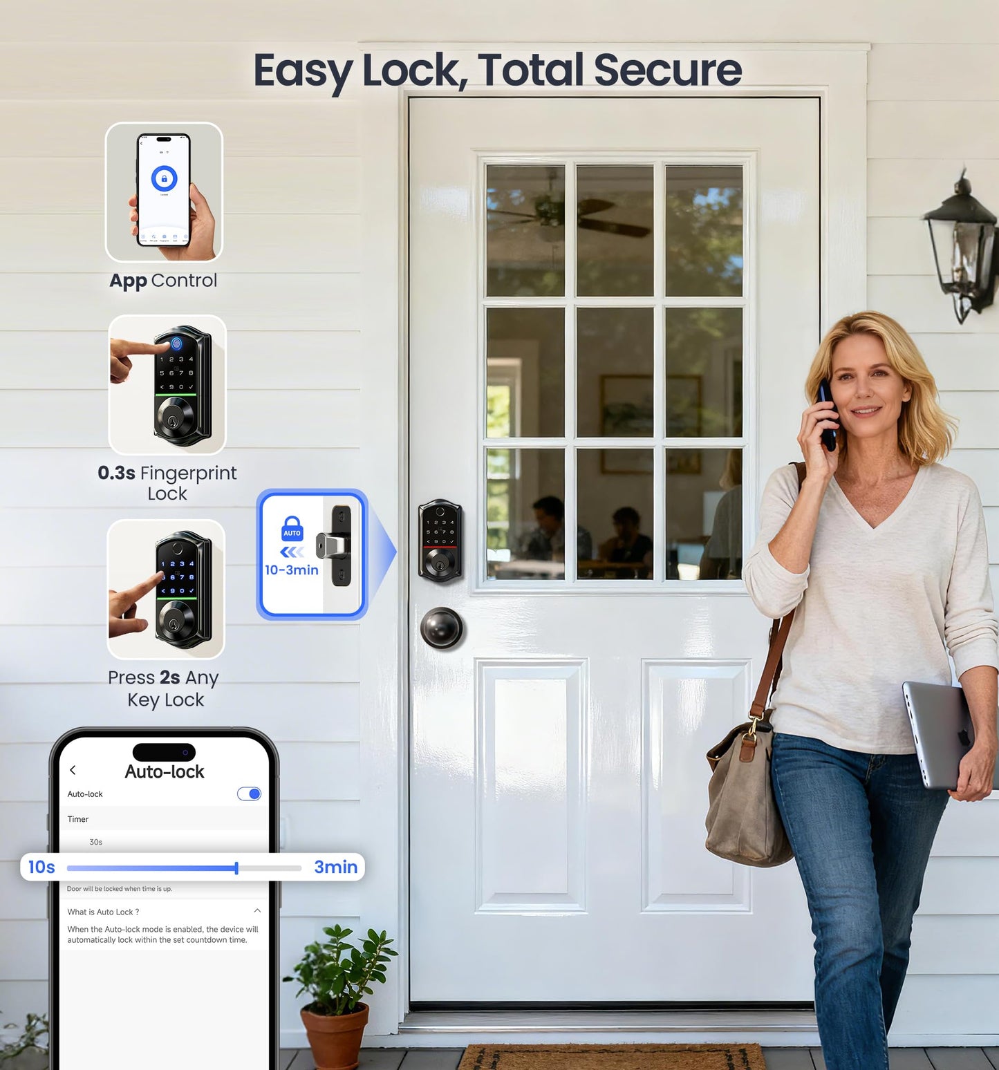 Veise VE017-K Fingerprint Smart Lock with 2 Knobs, App Control, Keyless Entry Front Door Lock Set, Electronic Touchscreen Keypad Deadbolt, Emergency Power Port, Easy Install, Auto-Lock, Matte Black