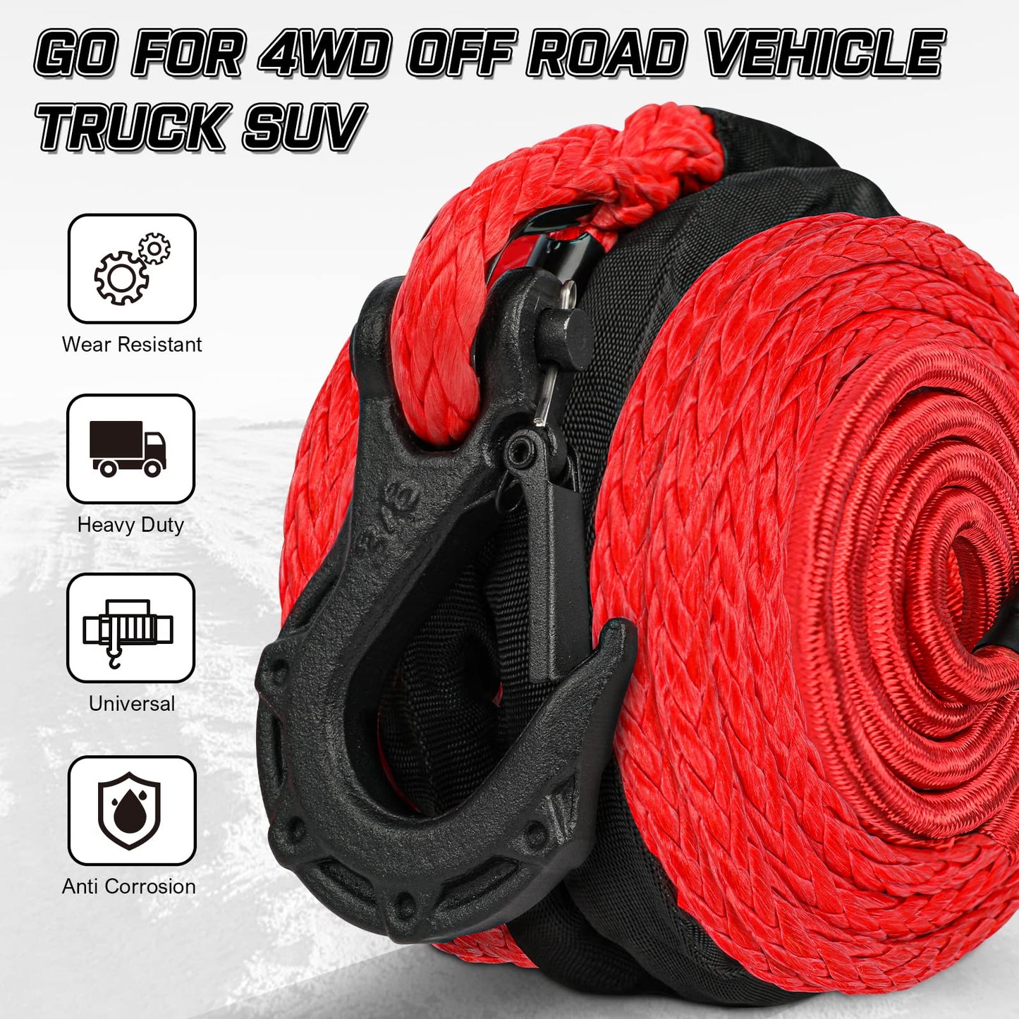 X-BULL Synthetic Winch Rope - Cable Kit -1/2" X 85ft 32000LBS Winch Line with Protective Sleeve Forged Winch Hook Safety Pull Strap go for 4WD Off Road Vehicle Truck SUV ATV UTV-Red