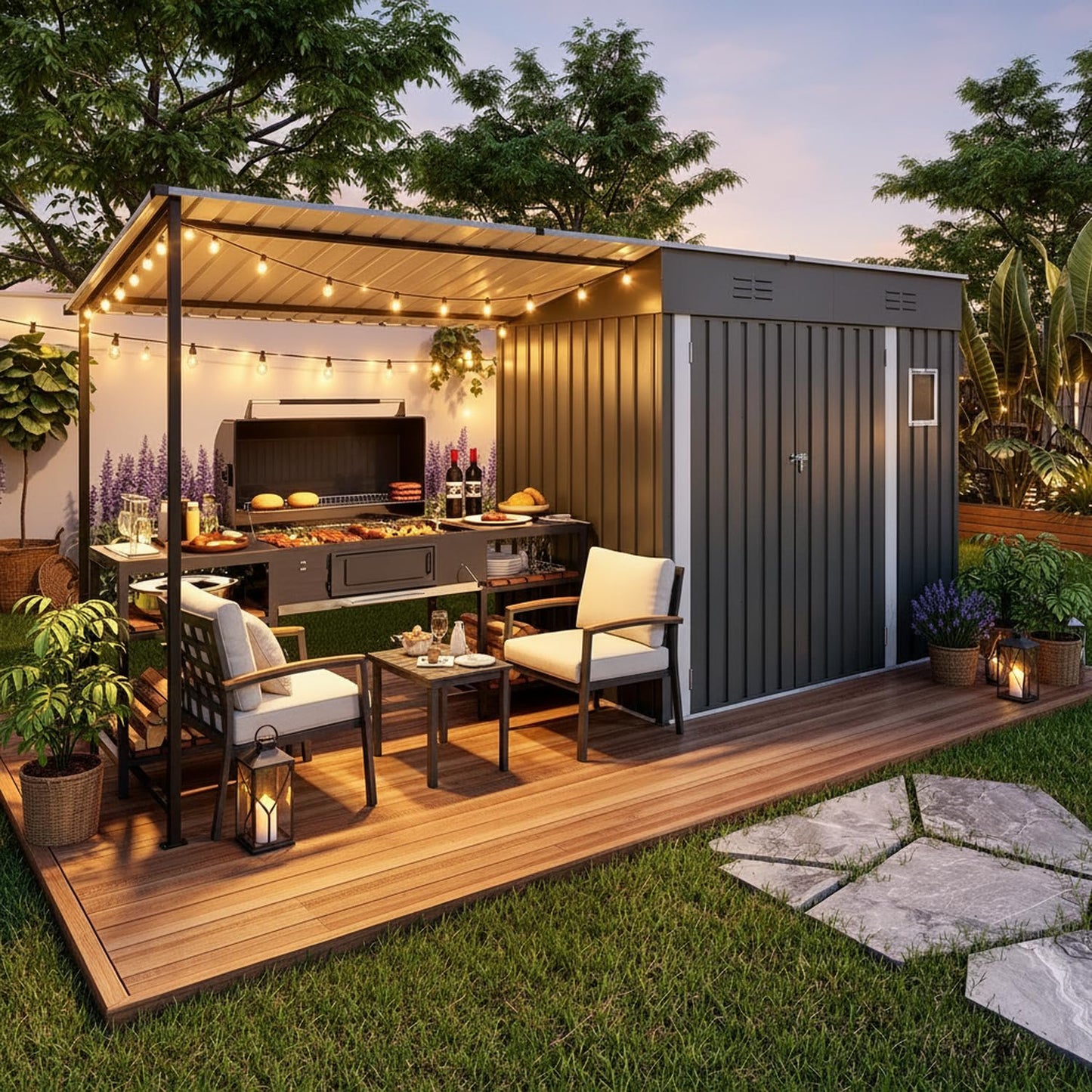 6x4 FT Outdoor Storage Shed & Gazebo Combo, Lean to Metal Tool Shed with Open Pergola for Backyard, Patio, Lawn (Gray)