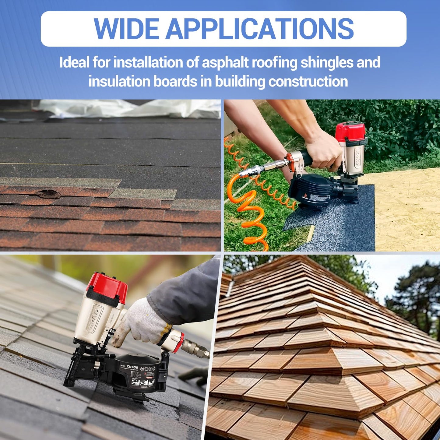 meite CN45R Roofing Nailer 15 Degree Coil Roofing Nail Gun, Pneumatic Nail Gun Accepts 7/8" to 1-3/4" Coil Roofing Nails, Roofing Nailer with 120 Nail Magazine for Asphalt Shingles Decking Sheathing