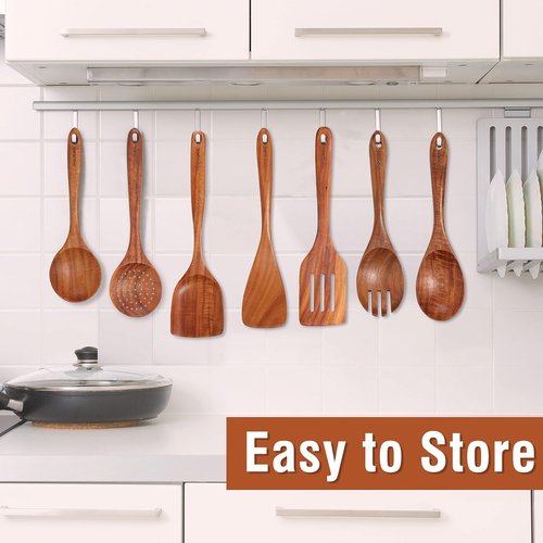 Mooues 9-Piece Natural Teak Wooden Kitchen Utensil Set - Comfort Grip Spoons & Utensils Holder