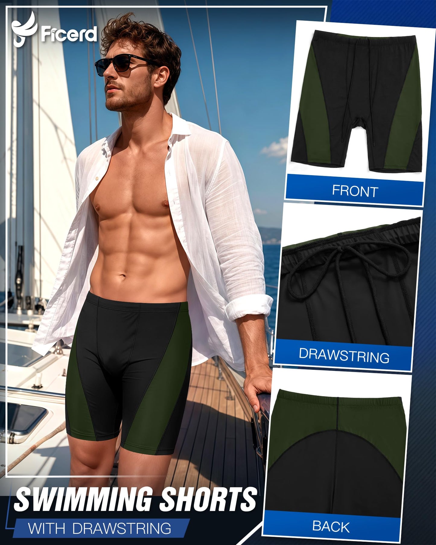 Ficerd Men's Swim Jammer UPF 50+ Quick Dry Athletic Competitive Training Swimwear Swimming Shorts with Drawstring(Black Green,Large)